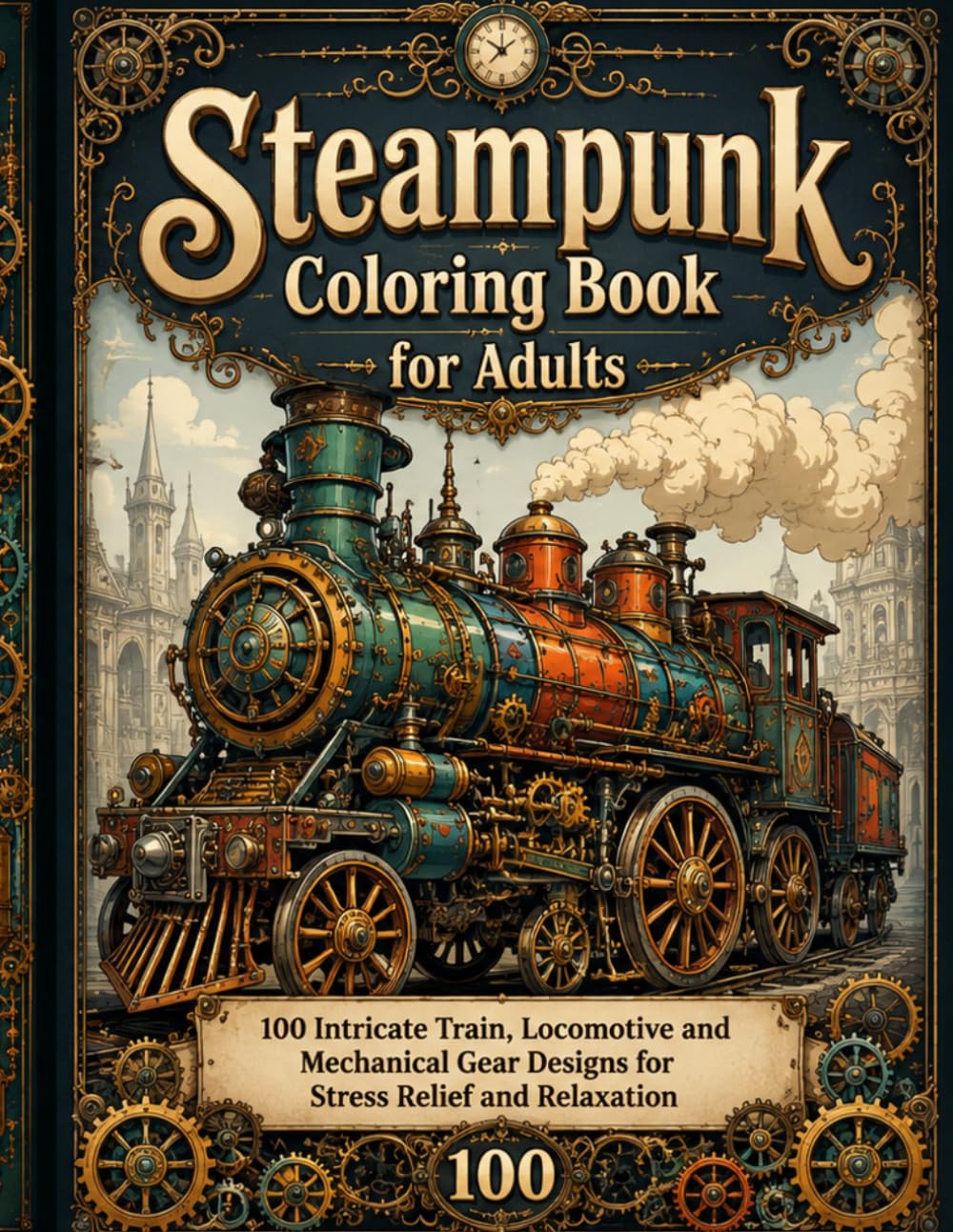 Steampunk Coloring Book for Adults: 100 Intricate Train, Locomotive and Mechanical Gear Designs for Stress Relief and Relaxation"