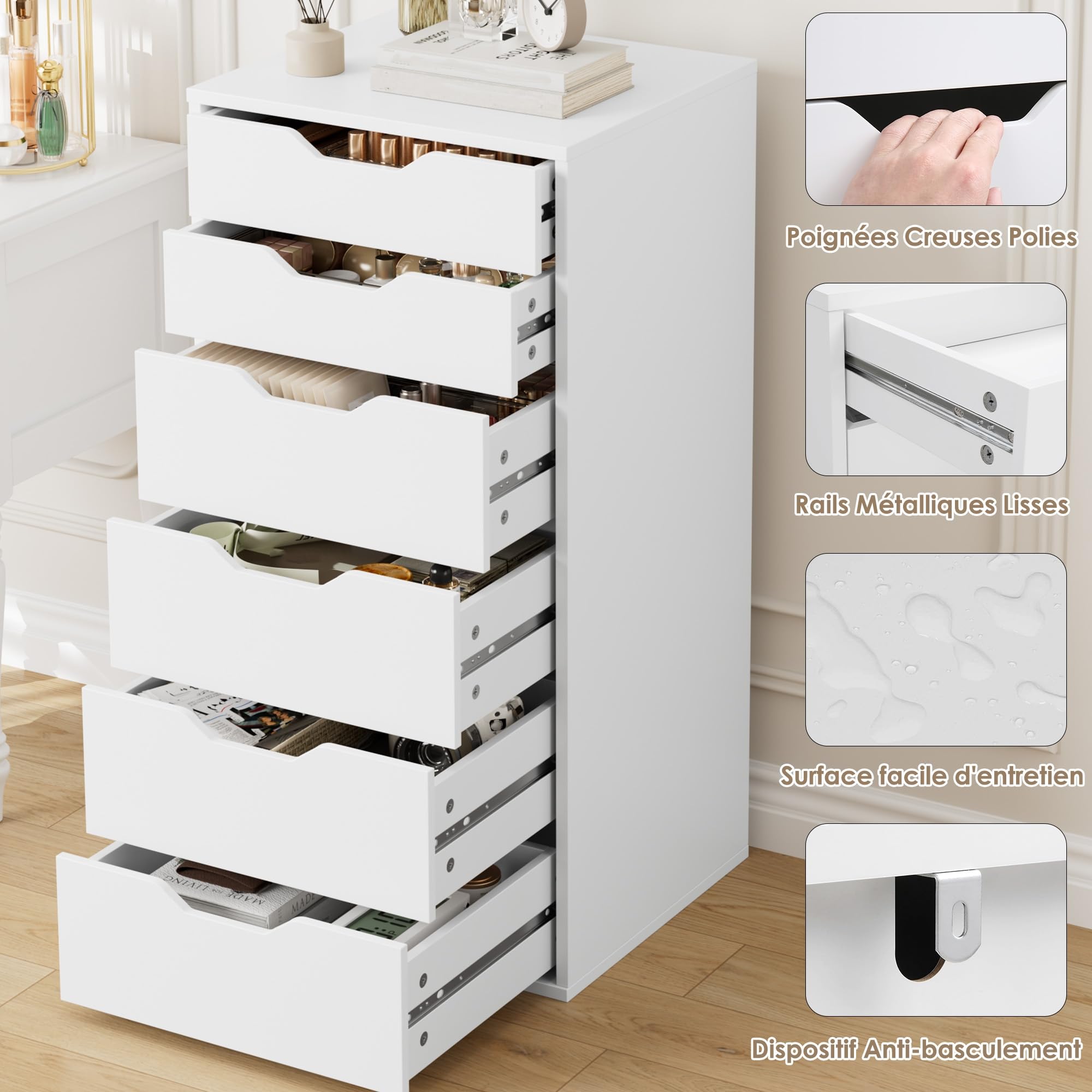 FOREHILL Commode 6 Tiroirs Commode Chambre Adulte Chiffonnier Meuble de Rangement pour Salon Bureau Entrée Chambre Commodes Blanche 45x40x90.5cm