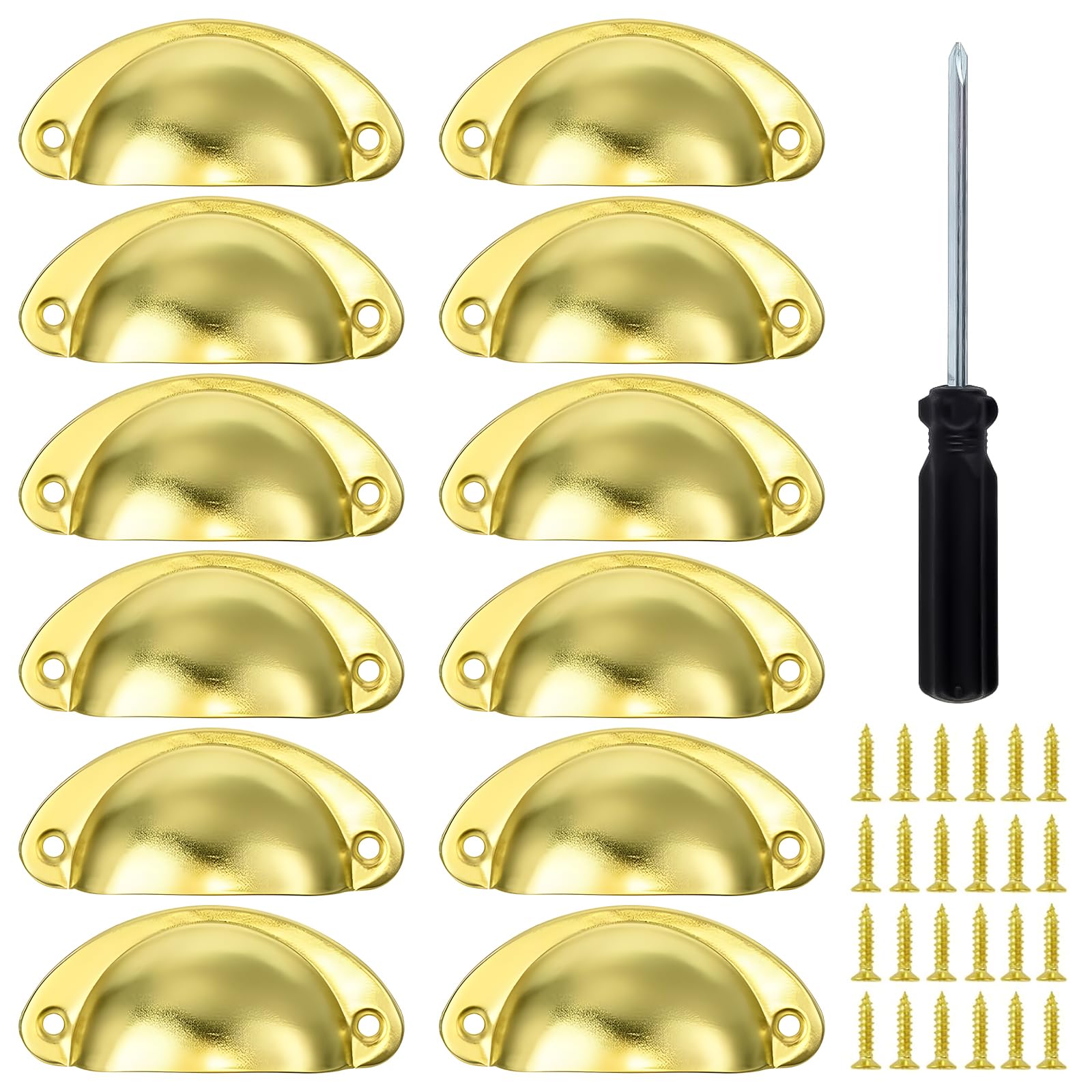 12 Pcs Vintage Shell Cup Drawer Handles Antique Brass Pull Handles Semi Circle Retro Cupboard Handles Brass Half Moon Cabinet Handle for Kitchen Wardrobe Cabinet Cupboard Chest Closet Dresser Door