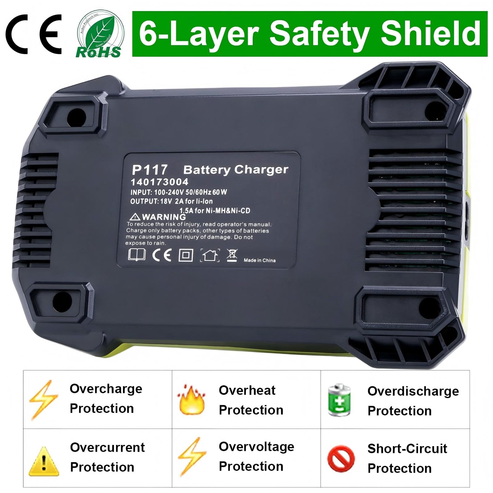 Kekepowtobat Kompatybilna z ładowarką do akumulatorów Ryobi 18 V, szybka ładowarka P117 kompatybilna z akumulatorami Ryobi 12 V-18 V ONE + litowym, NI-CD i NI-MH PBP2005 PBP002 PBP005 PBP006 P193 P108
