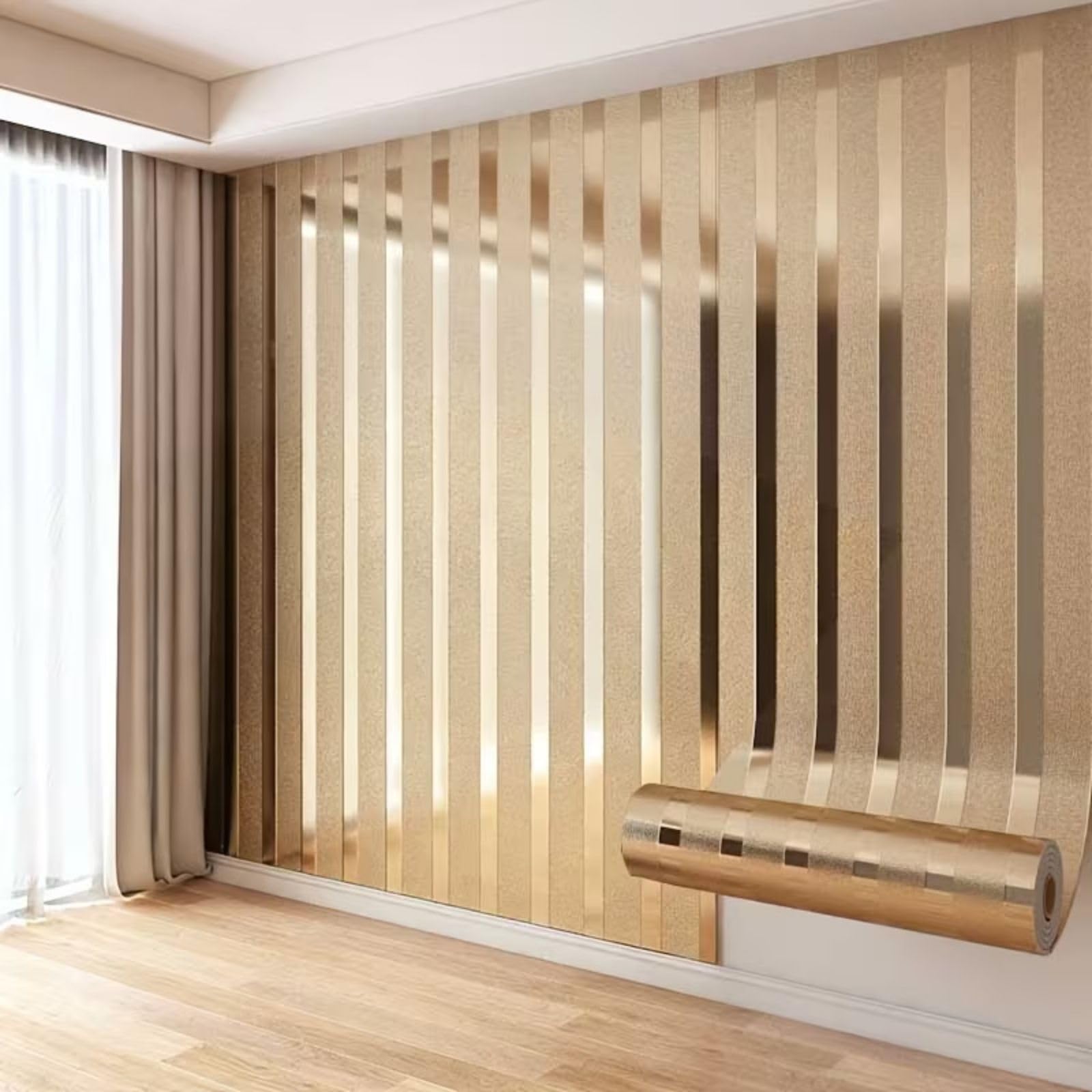 Blaward Vertical Stripes Mirror Metallic Texture Wallpaper Peel and Stick 40x300cm Waterproof Removable Renter Friendly Decorative Wall Paper for Bathroom Bedroom Kitchen (Champagne, 40x300cm)