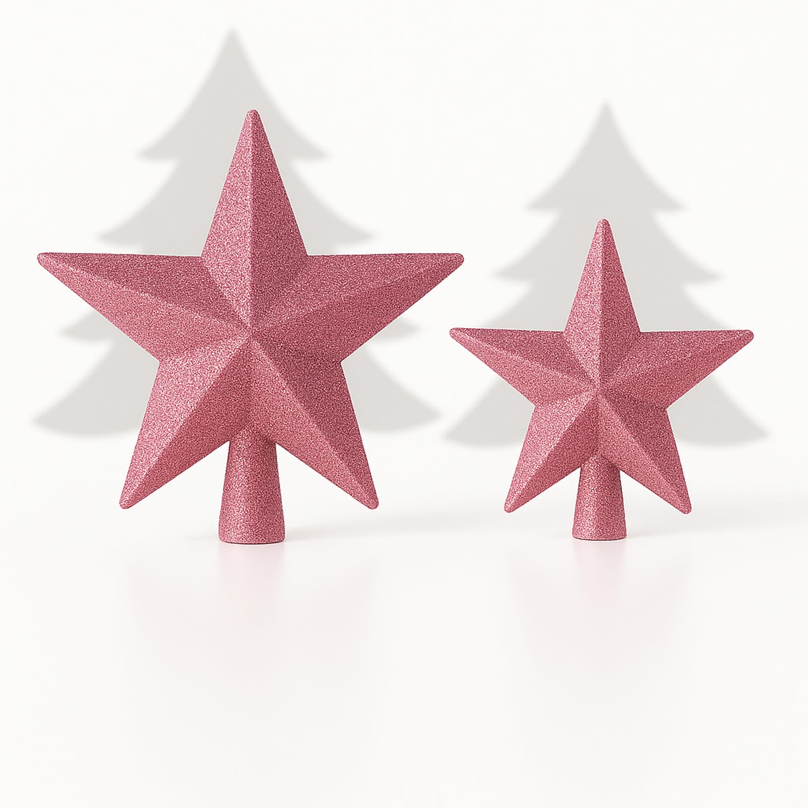 AMLOOPH Christmas Tree Topper, 2 Pack Glitter Pink Christmas Tree Star Decorations - 15cm & 10cm Sparkle Xmas Star Tree Topper for Traditional Pink Christmas Decorations