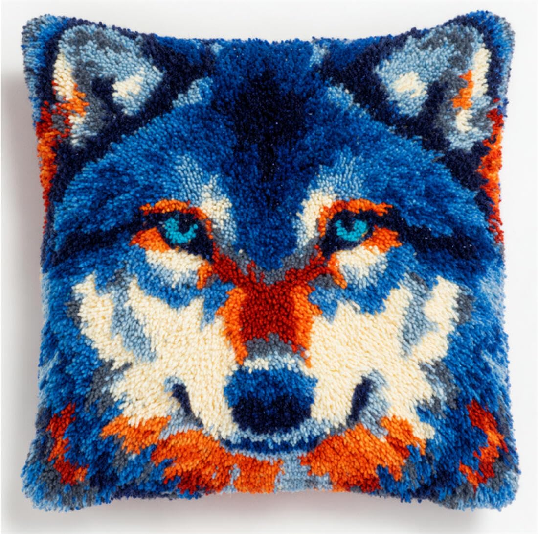 Kitquiver O Animal Latch Hook Cushion Set Colorful Wolf Diy Tapestry Throw Pillow Cover Needlepoint Cushion Kits For Home Décor Needlework Kit For Beginners 17X17in
