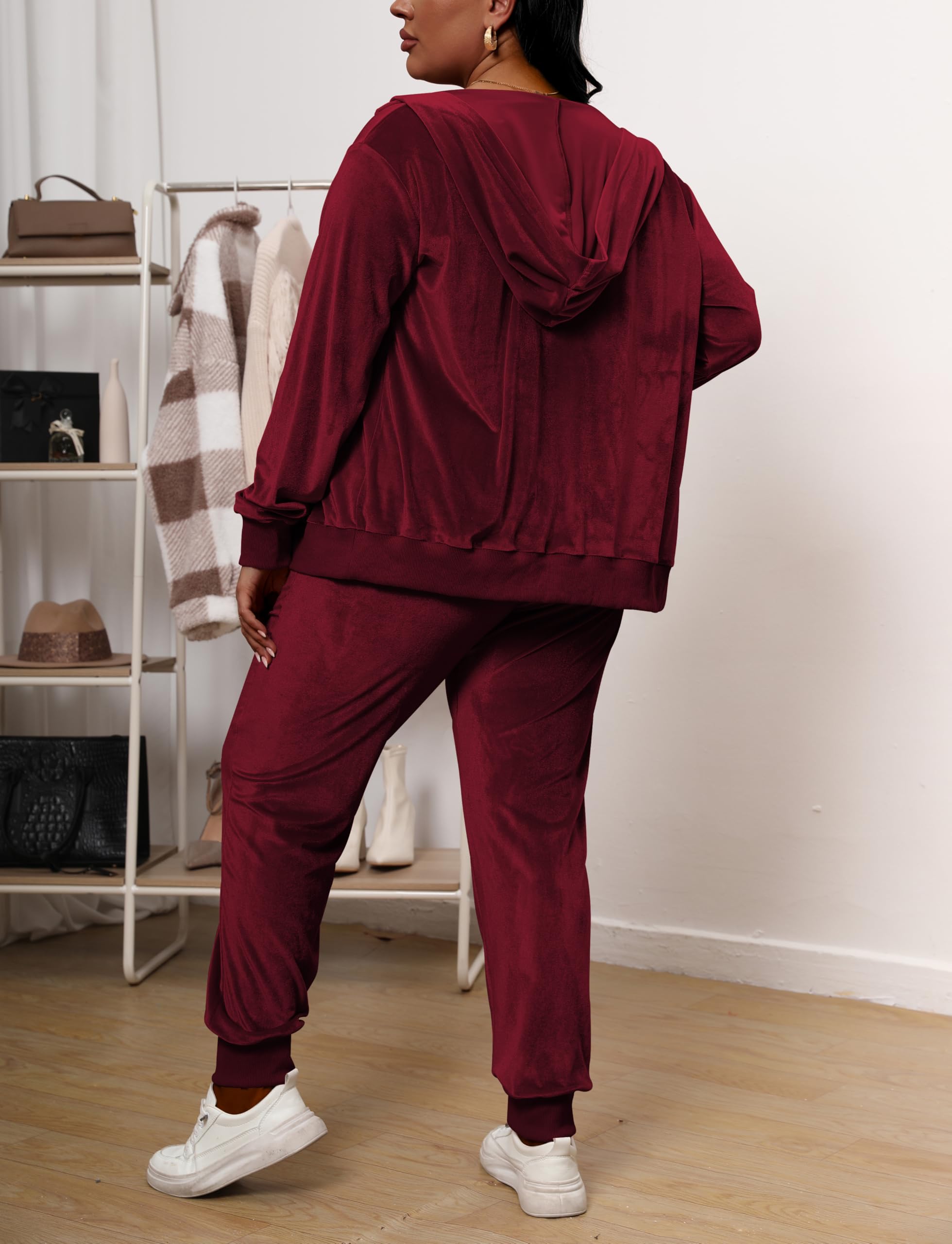 Tycorwd Conjunto deportivo de dos piezas de terciopelo para mujer, talla grande, conjunto de chándal de manga larga, Rojo vino, XXL Más