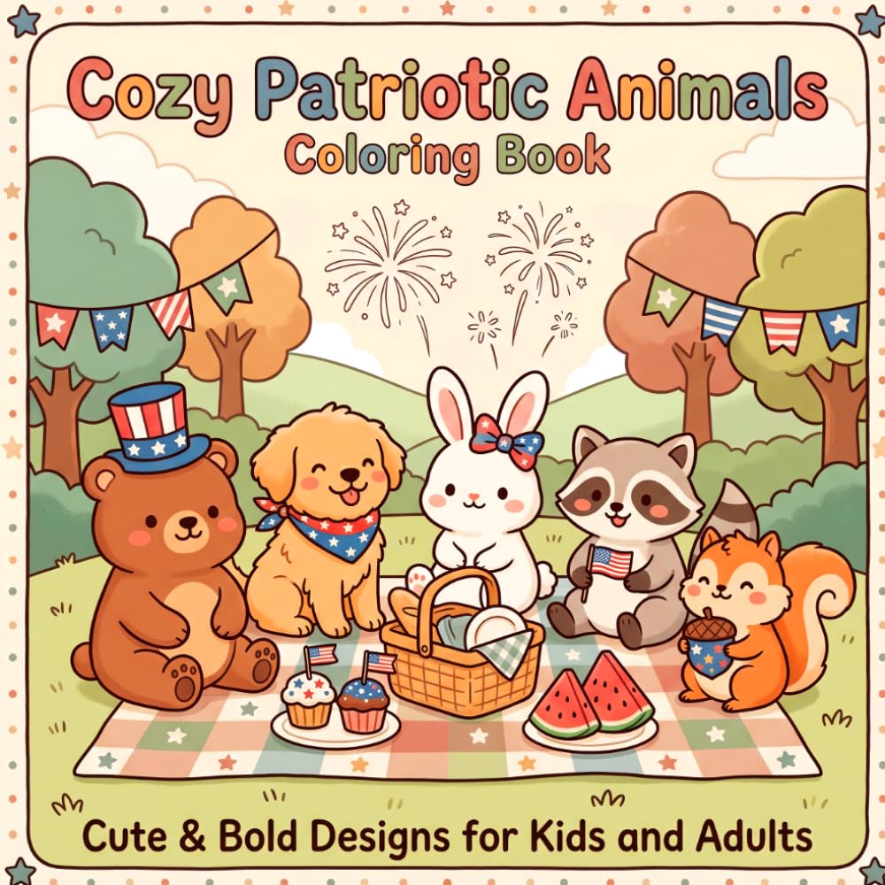 Cozy Patriotic Animals Coloring Book: Bold and Easy Coloring Pages with Cute Cozy Animal Scenes, Flags, Fireworks, and 4th of July Themes for Kids and Adults
