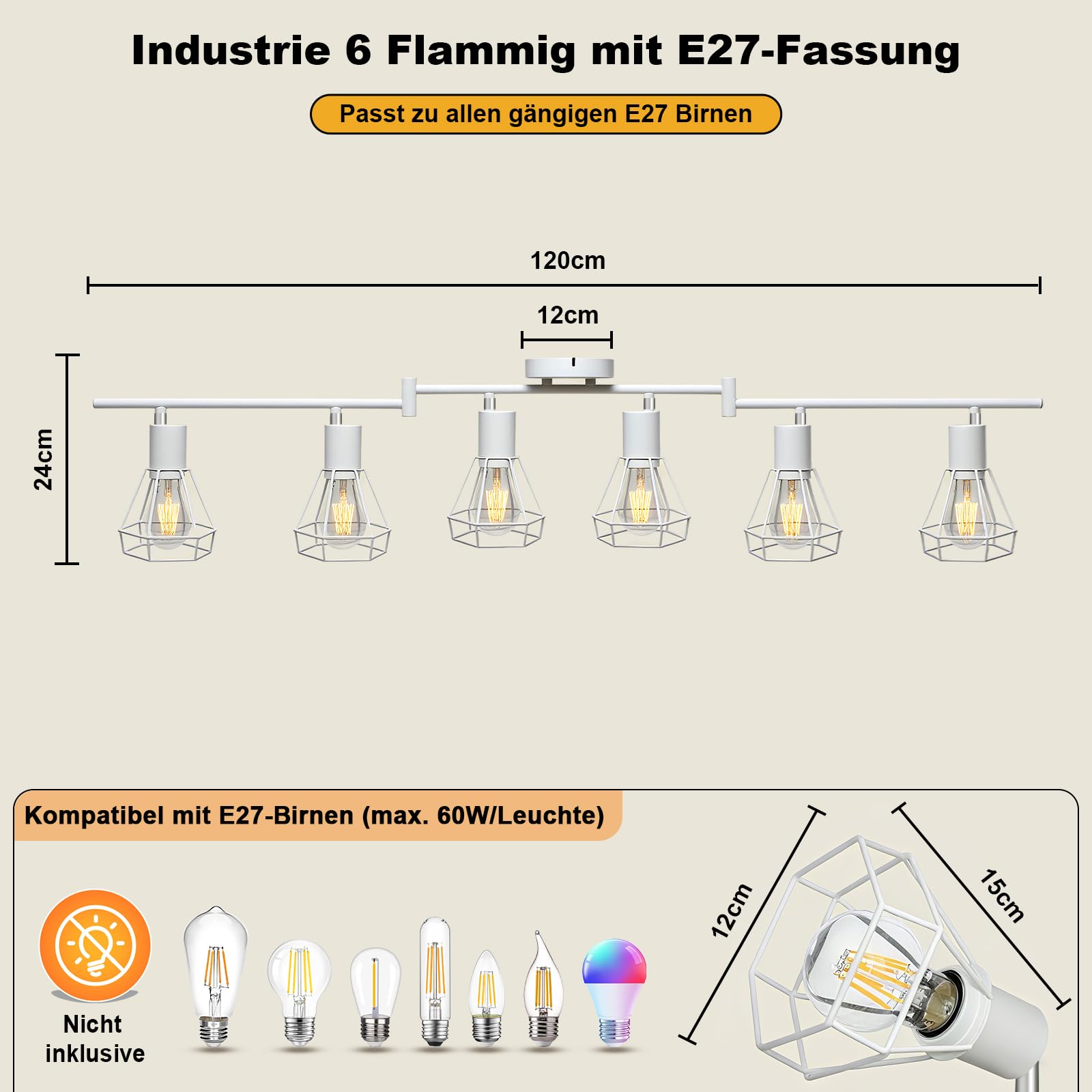 HiBay LED Deckenstrahler 6 Flammig E27 Deckenleuchte Wohnzimmer Weiß Modern Schwenkbar 350° Deckenbeleuchtung für Schlafzimmer Flur, max. 60 Watt Ohne Leuchtmittel | Schlafzimmerlampe 350° Drehbar Deckenbeleuchtung 230V Max. 60 Watt für Wohnzimmer Küche K