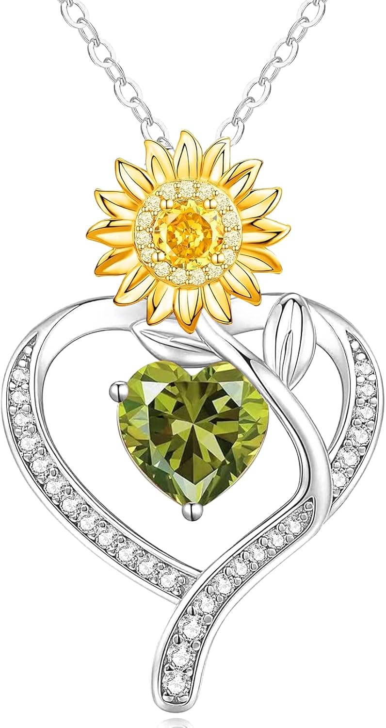 Sunflower Heart Birthstone Necklaces for Women, 925 Sterling Silver Jewelry, Pendant Heart Necklace Birthday Anniversary Valentines Gift for Wife Mom Girlfriend Daughter Lady