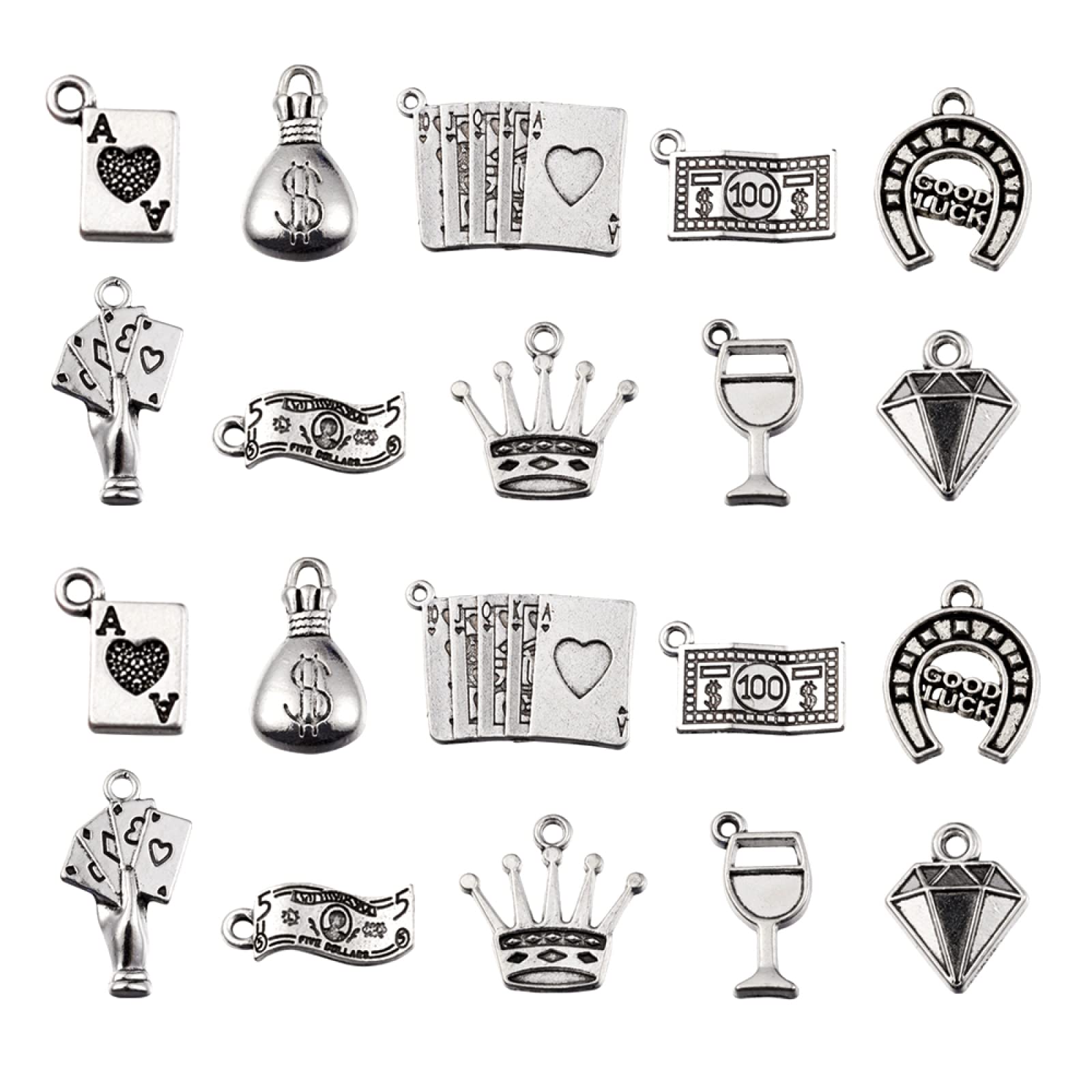 Stiesy 100 Pcs 10 Style Las Vegas Casino Theme Charms Antique Silver Wine Glass Crown Diamond Cash Money Charms Tibetan Style Alloy Poker Charms for Jewelry Making