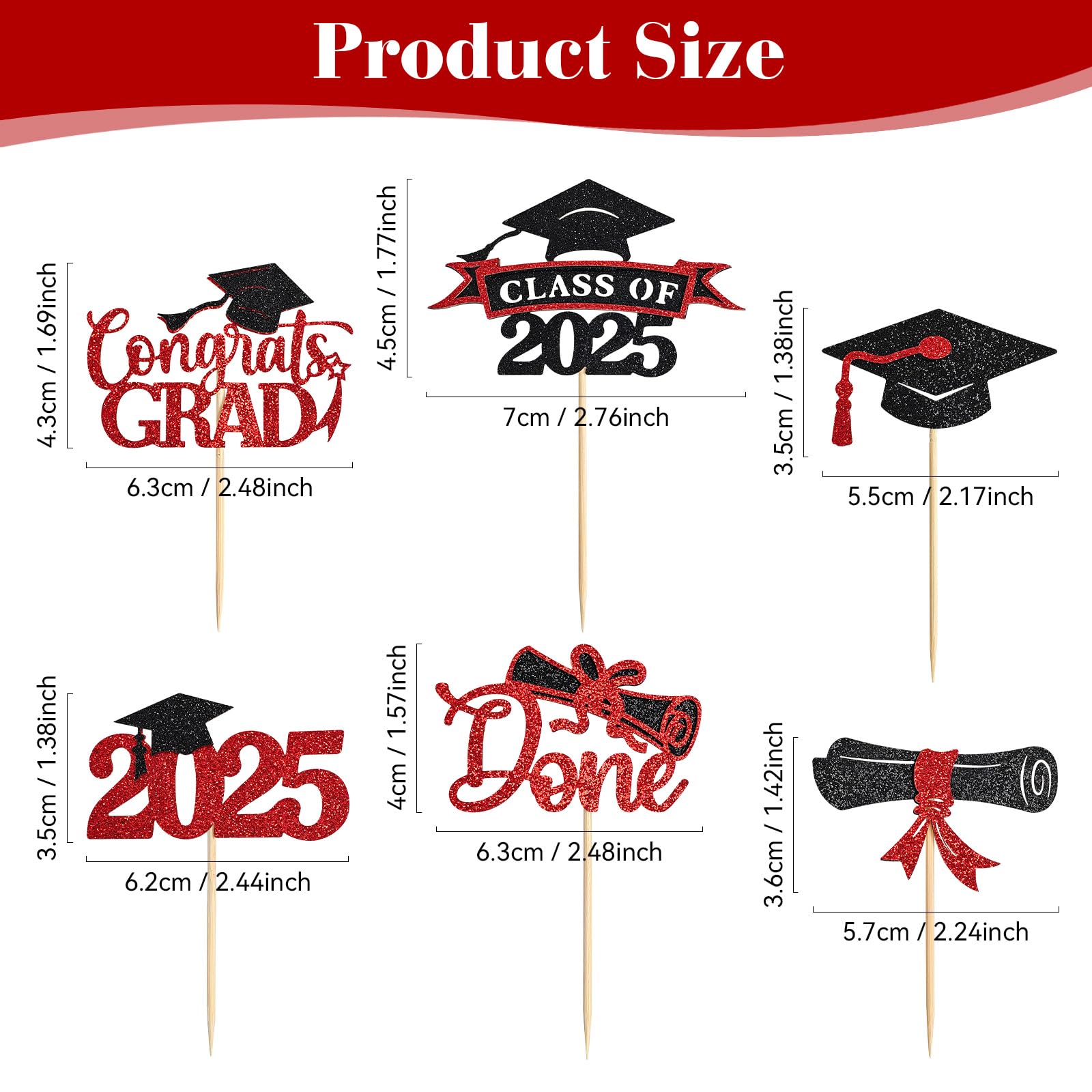 EMORBALS 36 Pcs Graduation Cupcake Toppers 2025, Class of 2025 Cupcake Toppers, Glitter Cake Toppers(Style-3)