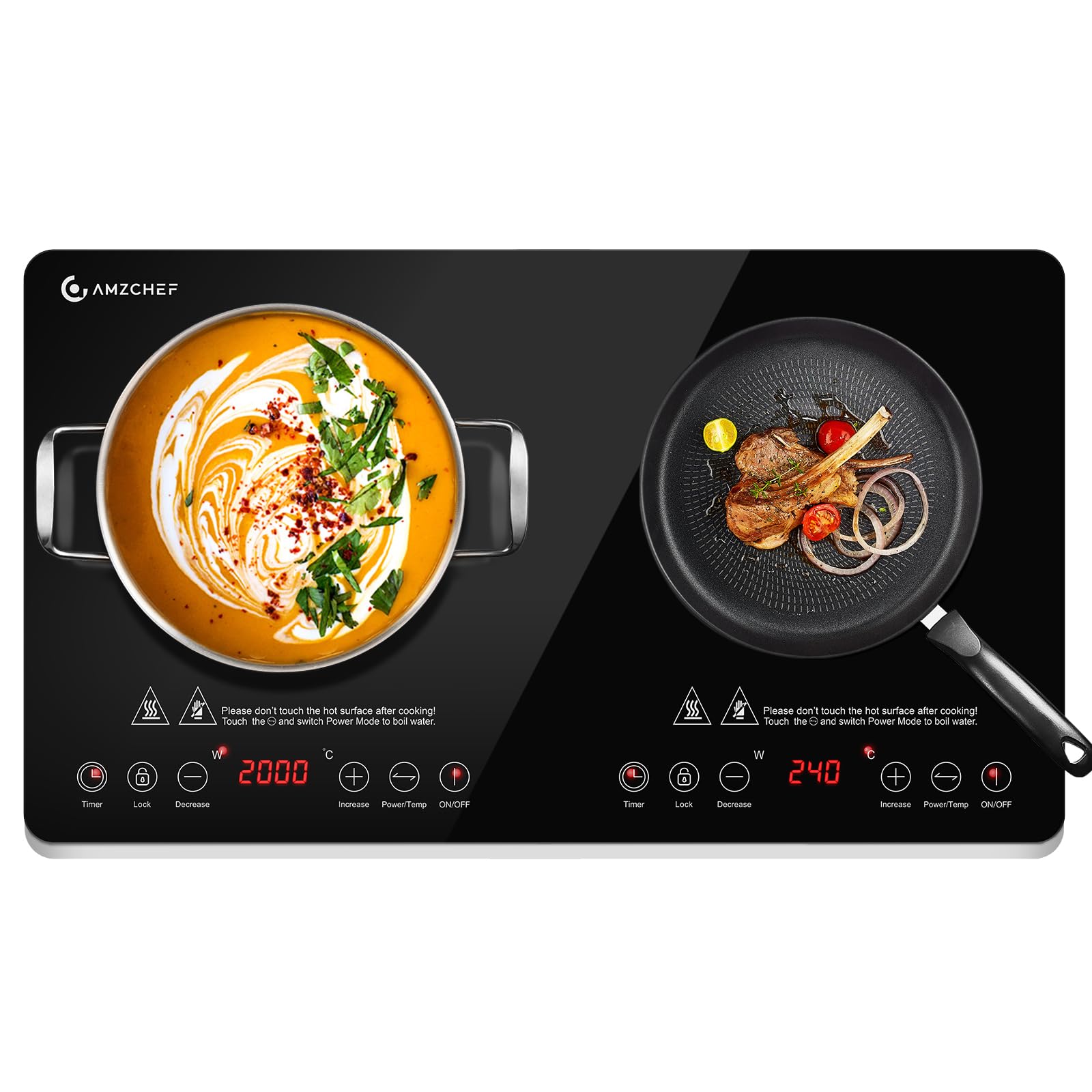 AMZCHEF Piastra Induzione 2 Fuochi Con IGBT Importato, 20 Livelli di Temperatura, 20 e 15 Livelli di Potenza, 3500W Piano Cottura Con Timer di 4 Ore, Blocco di Sicurezza