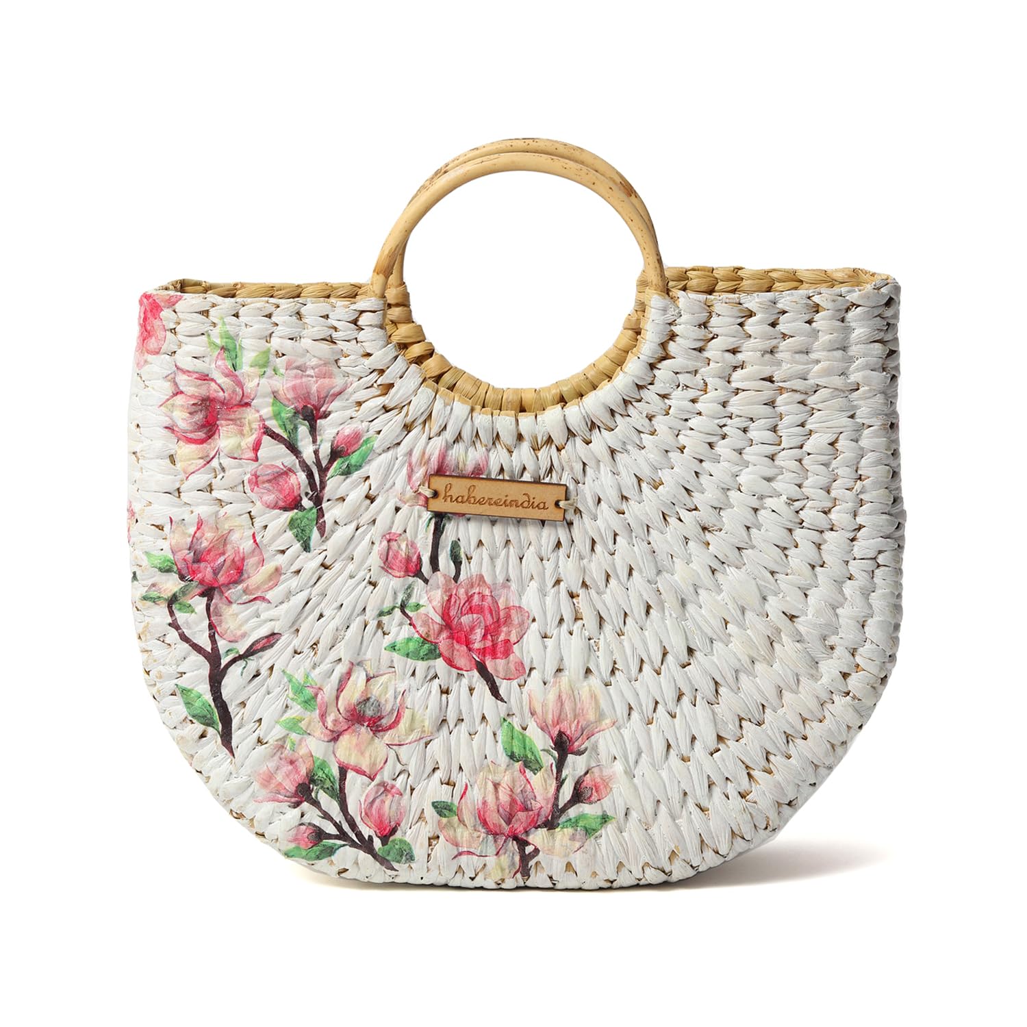 Habere India-All the Cultures Fabricating India Straw Bag | Small Tote Bag | Basket Bag | Bamboo Tote | Beach Bags for Women | Boho Bag | White Handbag | Half Moon Bag (Magnolia Springs) (B0C7J6QZ4L) Amazon Price History, Amazon Price Tracker