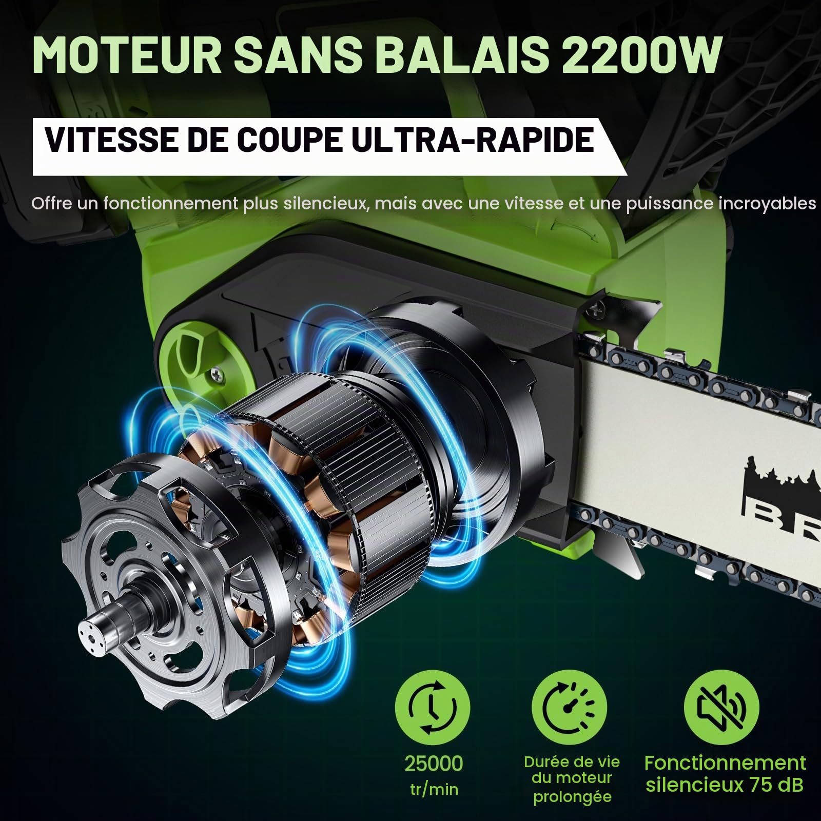 Tronçonneuse à Batterie 16 Pouces, Tronçonneuse Électrique Sans Fil 2200W avec Moteur Brushless, 2 x 4.0Ah, Système de Double Protection, Lubrification Automatique, Écran LED pour Élagage et Jardinage