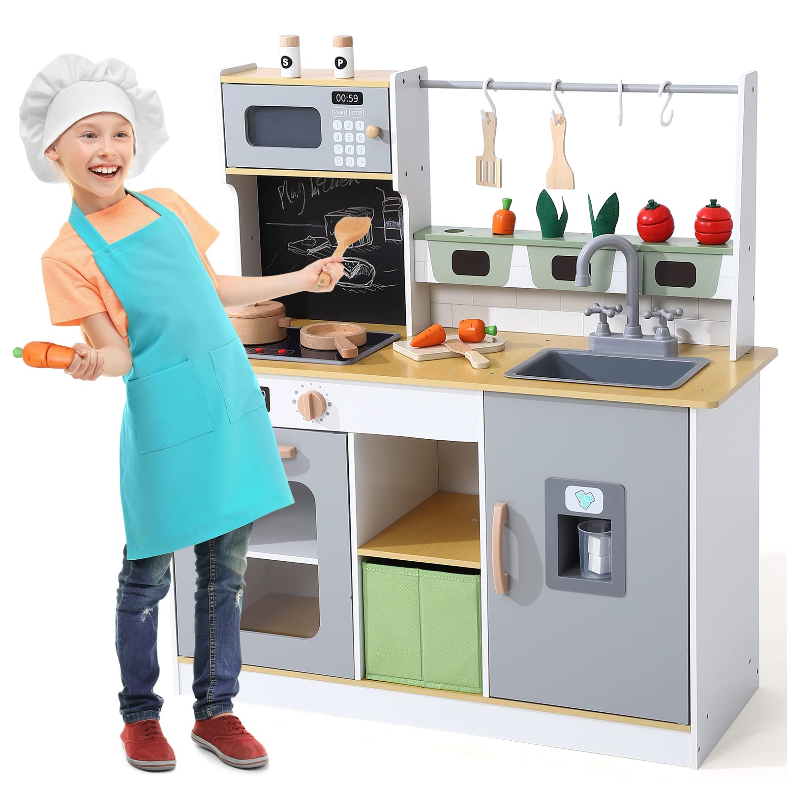 Bophy Wooden Farm & Kitchen Playset, Kids Play Kitchen with Cookware Accessories, Wooden Chef Pretend Play Set with Ice Maker, Chalkboard, Planter Area