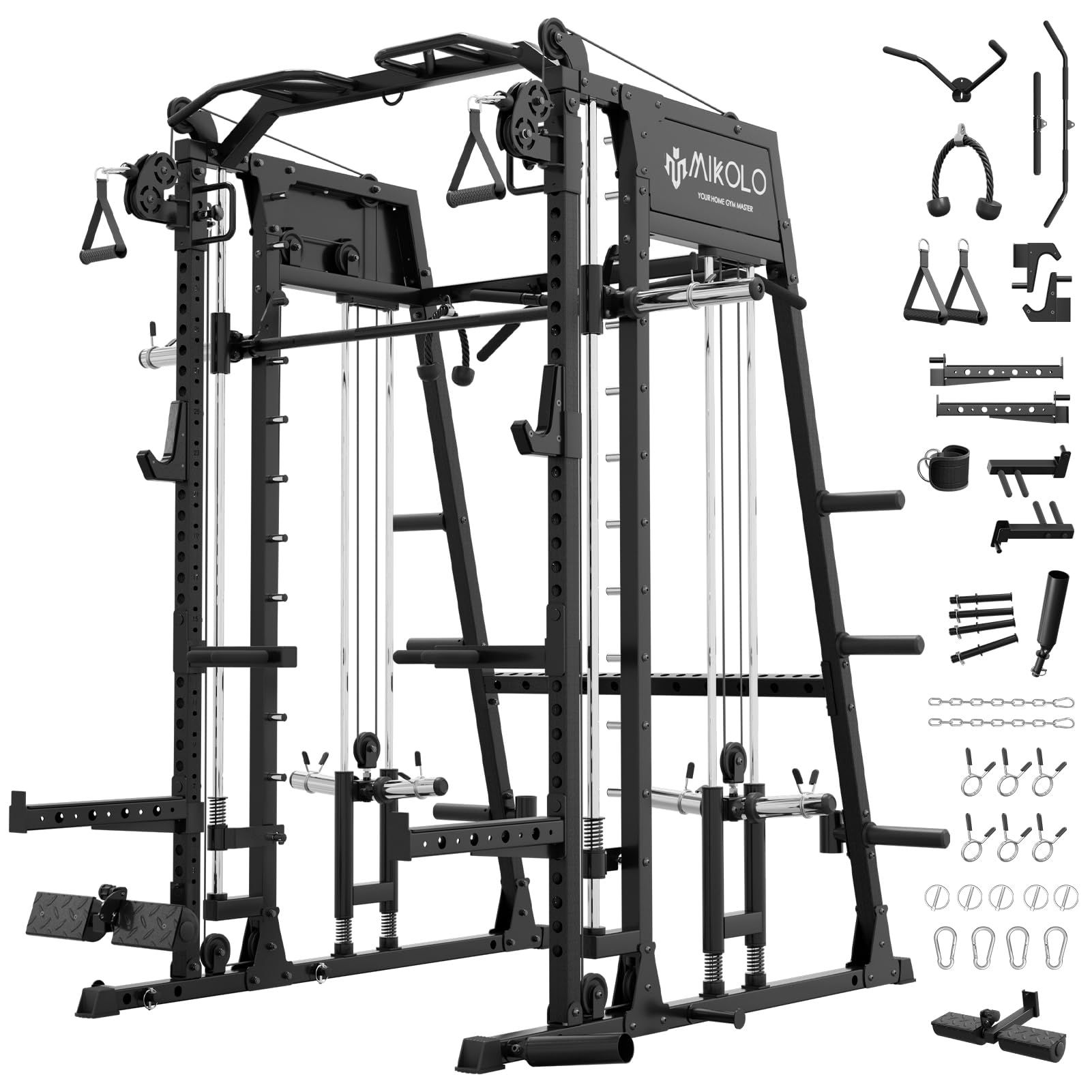 Mikolo Smith Machine, 2200lbs Squat Rack with LAT-Pull Down System & Cable Crossover Machine, Training Equipment with Leg Hold-Down Attachment