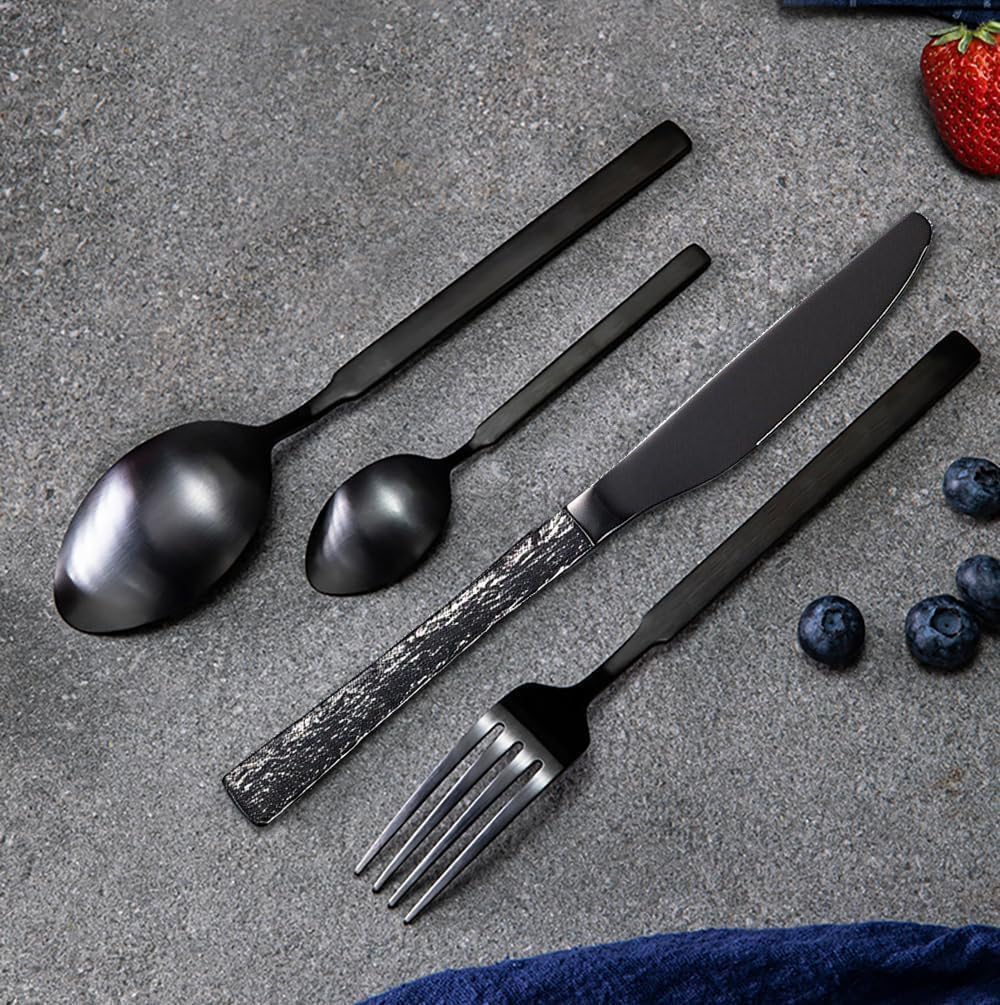 Besteckset 8 Personen Geschirrset Geschnitztes Besteck Edelstahl Schwarz Set, Cutlery Set, Spülmaschinenfest Beste Geschenkkombination ESSONIO (8 Satz mit 32 Stück)