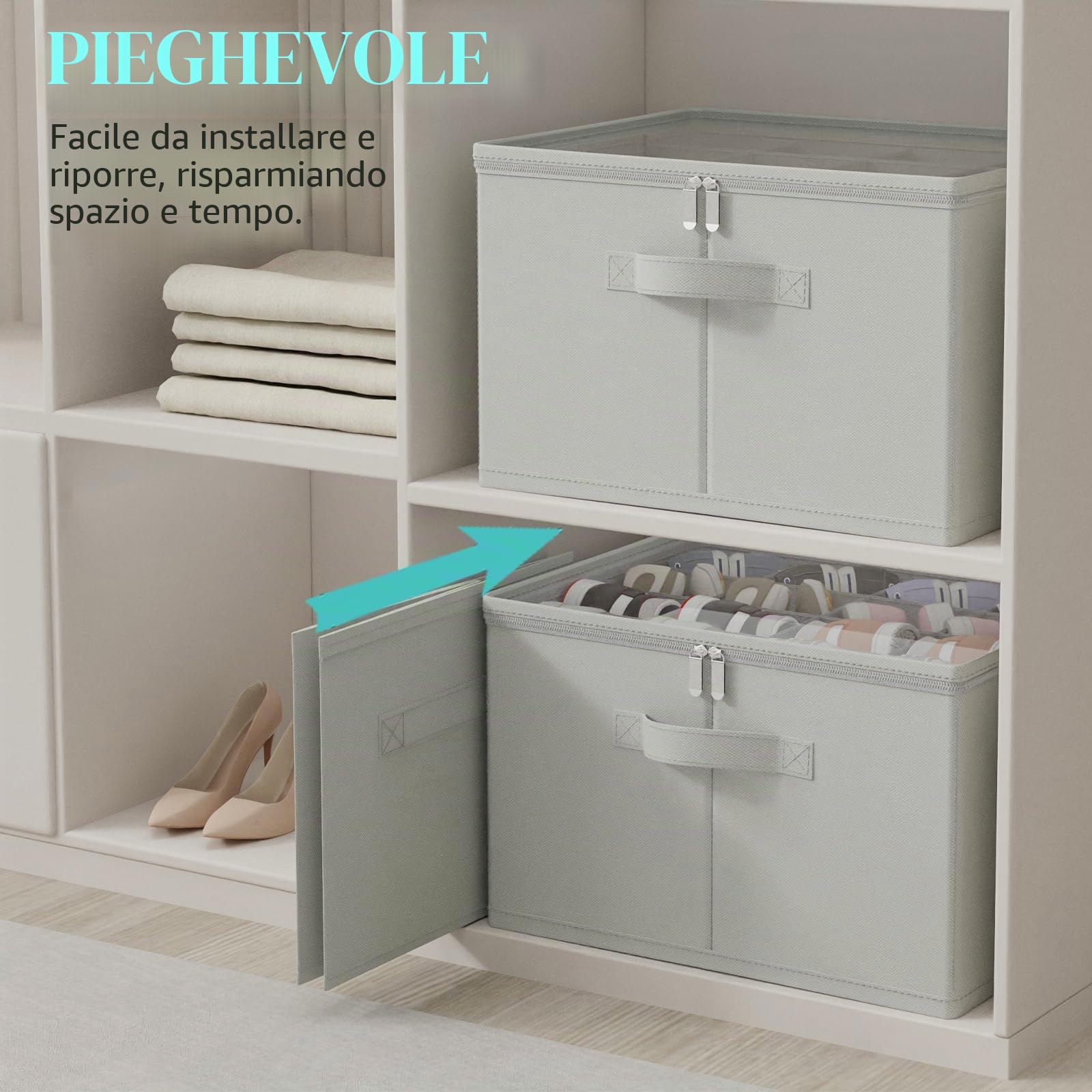 Scatole per Scarpe, Tessuto Scarpiera Salvaspazio con Copertura Trasparente, Shoes Organizer Pieghevole con 3 Maniglie, Adatto per 8-16 Paia, 53 x 42 x 33 cm, Grigio, XSNX01GL-1