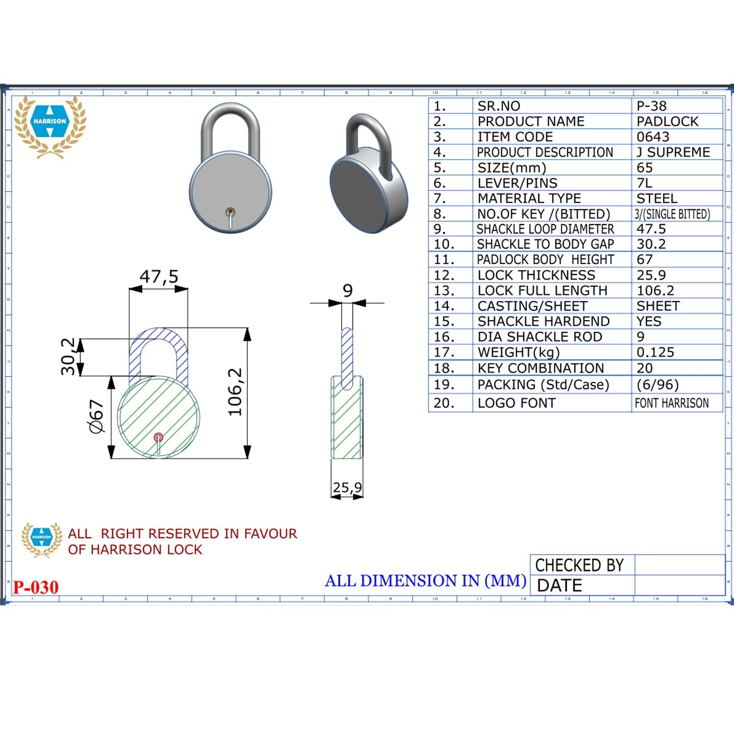 Harrison Padlocks/Round Padlock 65mm 7 Lever with 3 Keys J-SUPREME-072 Pack of 1/Padlock, Padlocks, Locks for Home, Locks for Main Door, gate Lock — Amazon image 3