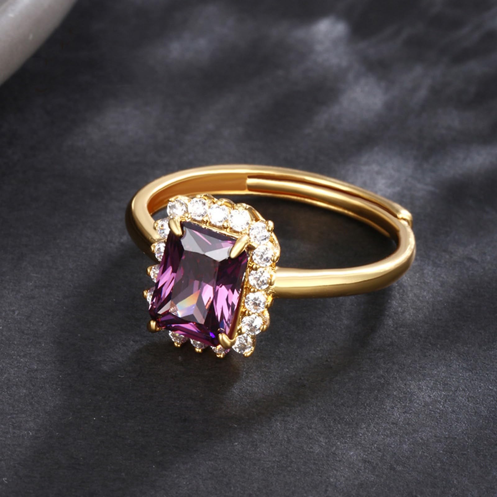 Anello da donna in oro 9 K/14 K/18 K, anello rettangolare con ametista a grappolo in vero oro