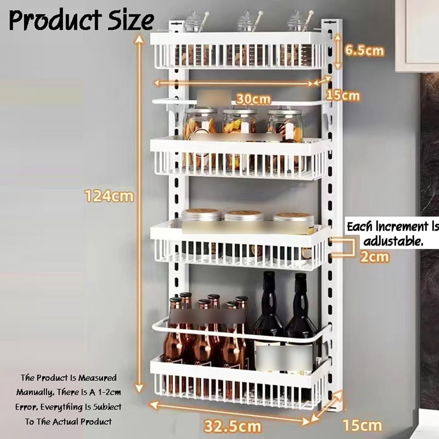 2-in-1 Wall-Mounted Spice Rack with Adjustable Baskets, 4-Tier Seasoning Organizer for Kitchen Cabinet & Pantry, Space-Saving Storage Solution for Behind Door Use