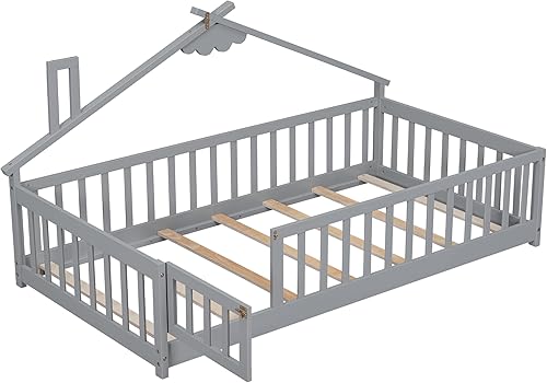 Miniatura 6 de Cama de plataforma de piso de tamaño individual con valla, cama de madera para niños, cama de valla para niños con puerta, no necesita somier