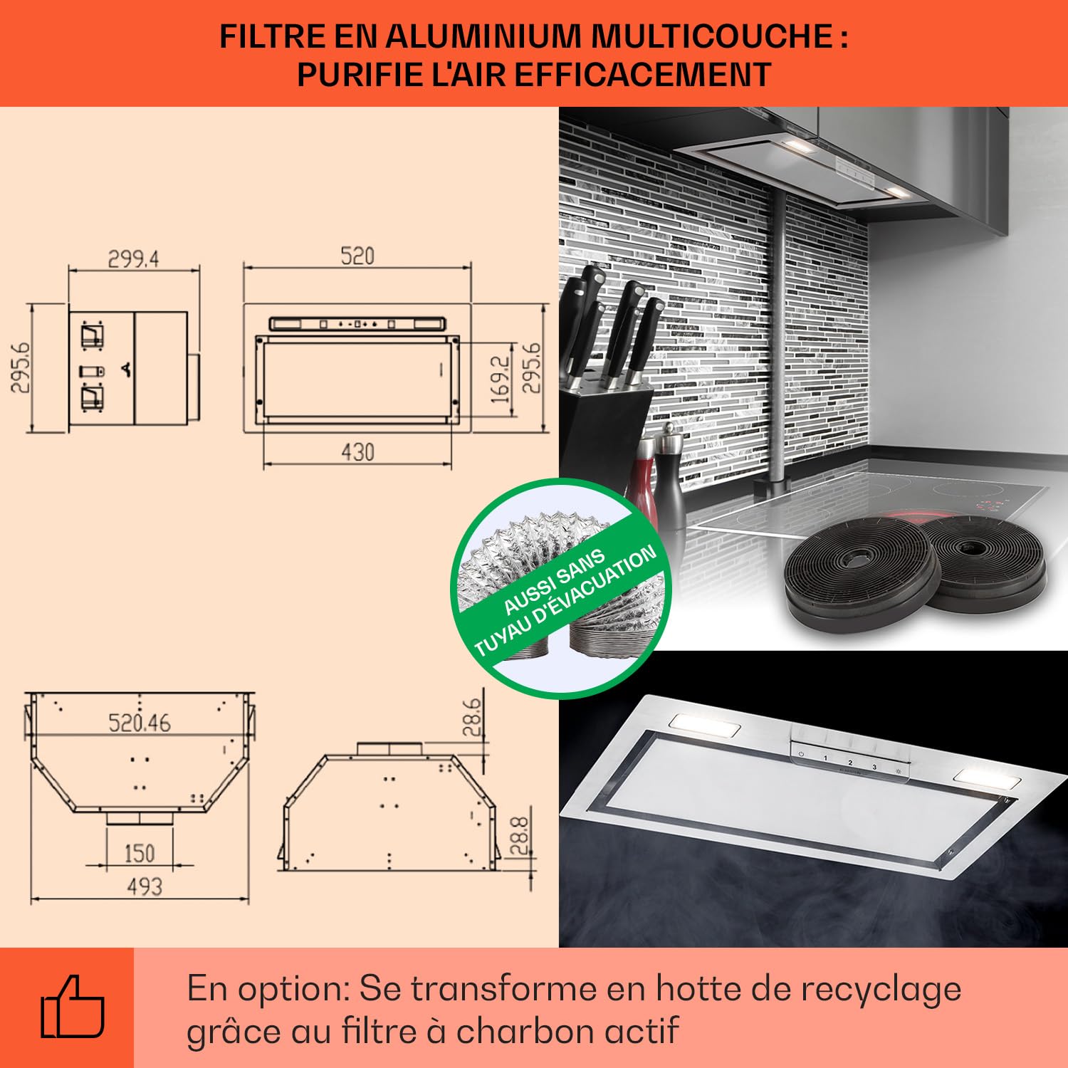 Klarstein Hotte Aspirante 90 cm, Hotte Aspirante Encastrable Silencieuse, de Cuisine 90cm avec Lampes LED, Débit d'Air Puissant 369m³/h, avec Évacuation, Commandes Tactiles