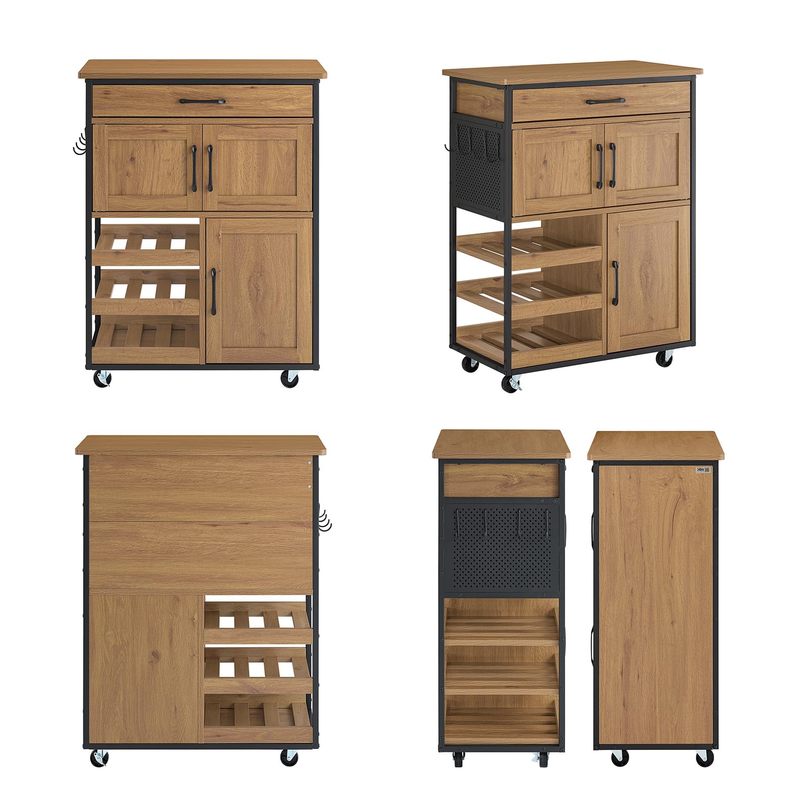 SoBuy Carrito Cocina con Ruedas con Freno & estantes Abiertos, 67x88x37cm | Carro Cocina Auxiliar con encimera, cajón & ganchos, carga 30 kg, estilo industrial, PB/metal, comedor/exterior, FKW134-N