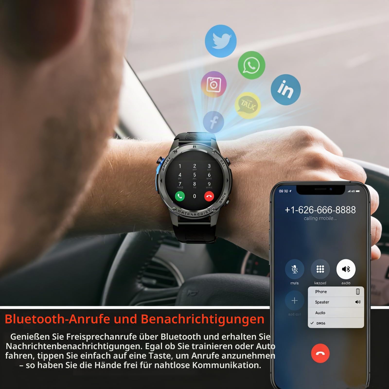 AIEK Smartwatch Herren mit GPS, Bluetooth-Anrufe/Kompass, 5ATM Wasserdicht, 1.43" AMOLED, Sportuhr mit Puls-Schlaf-Schritte, 500mAh/170+ Sportmodi Fitnessuhr für iOS Android(Schwarz)