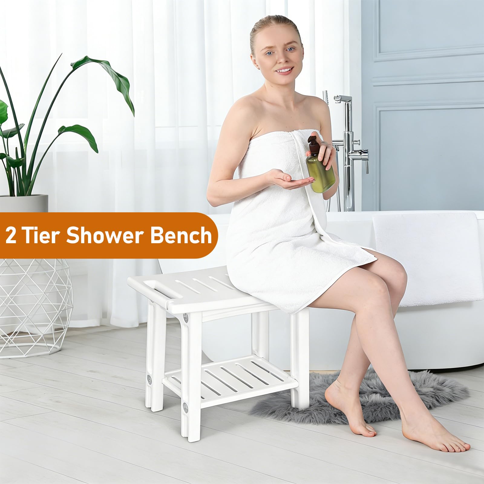 Silla de ducha impermeable, taburete de ducha impermeable con asidero, taburete de baño con soporte para el cabezal de ducha, silla multiusos con capacidad de carga de 150 kg, 56 x 32 x 46 cm (blanco)
