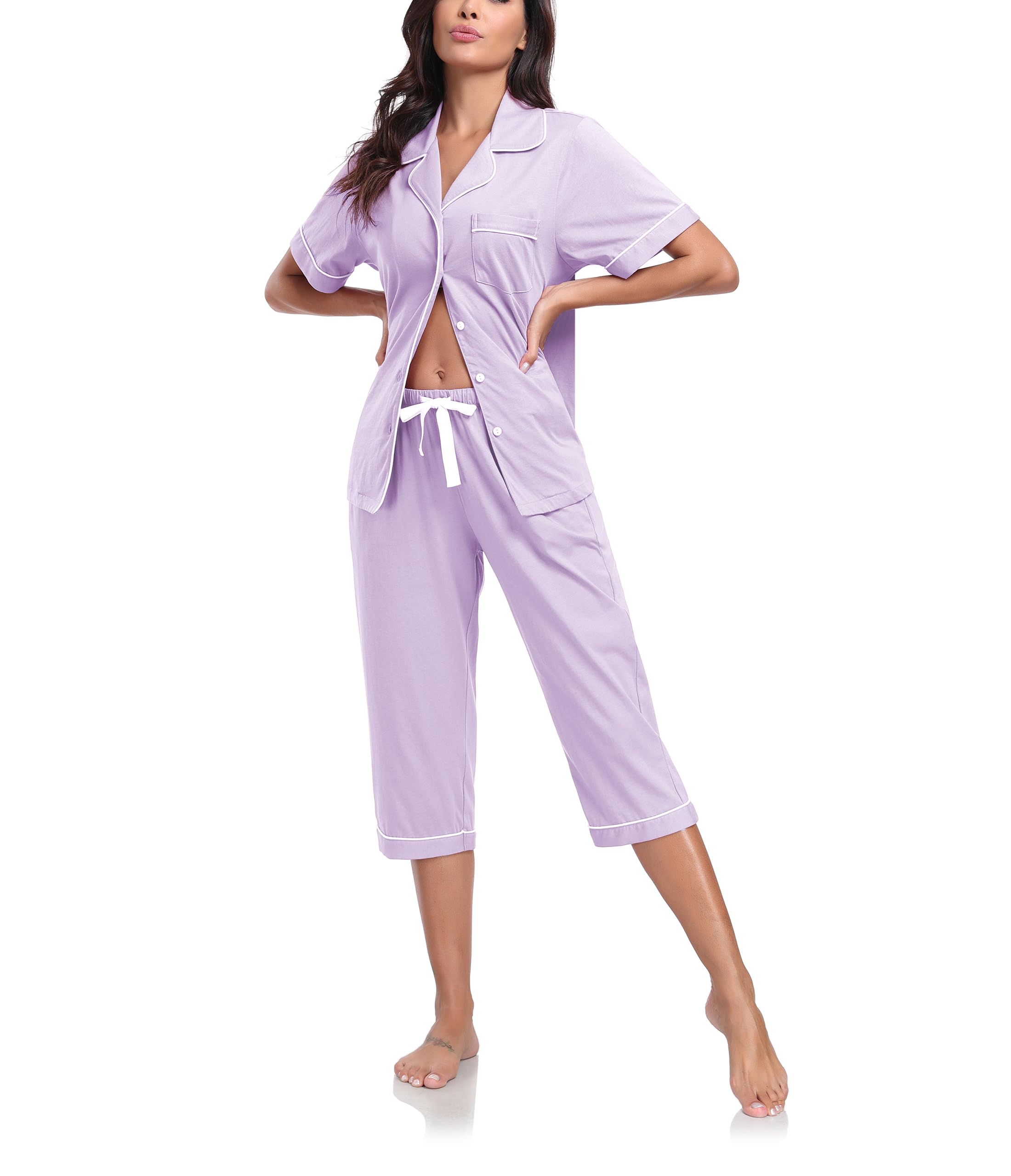 COLORFULLEAF Pigiama estivo da donna, in 100% cotone, 2 pezzi, a maniche corte e pantaloni lunghi a 3/4