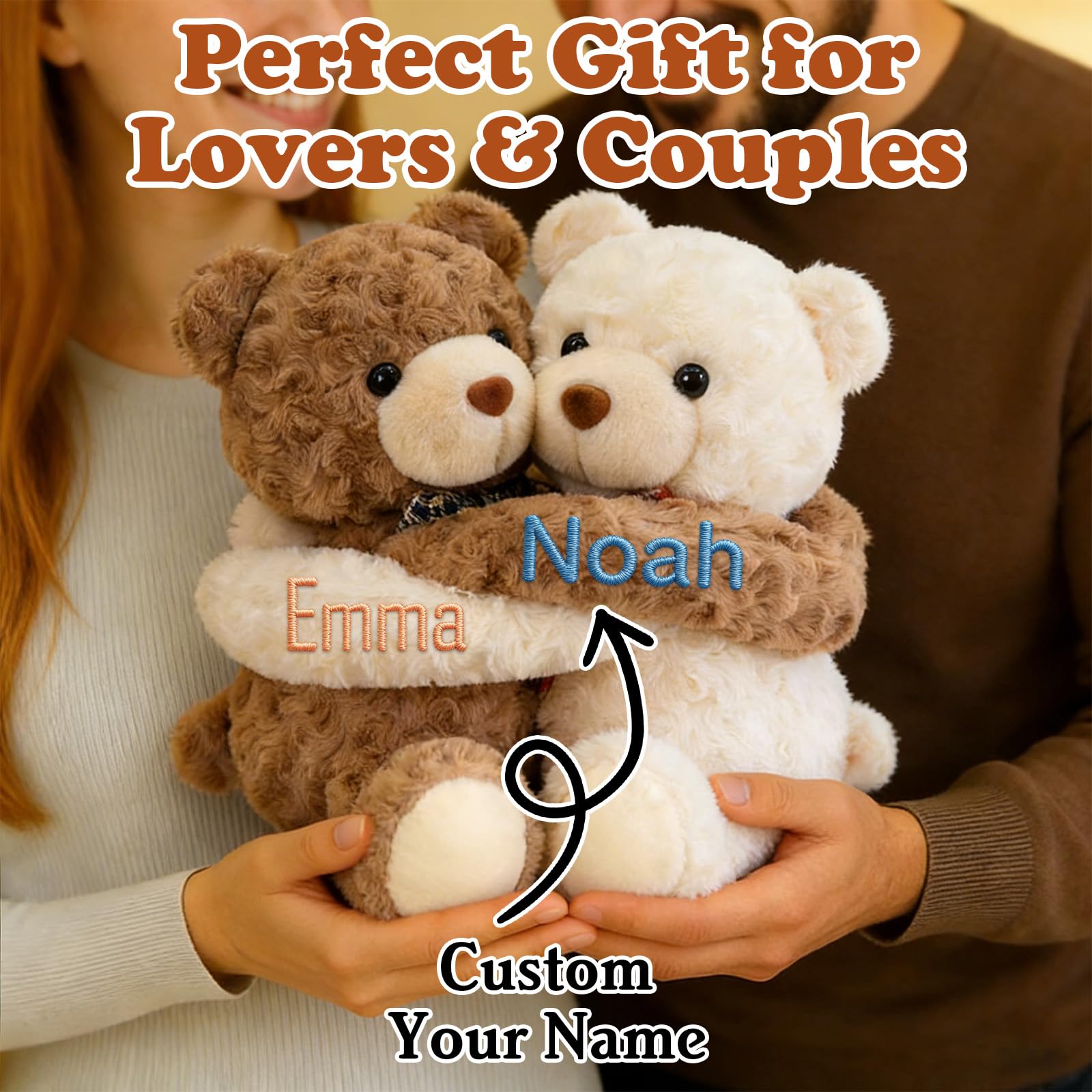 Personalized Hugging Teddy Bears, 2 Stuffed Bear or Puppy Plush Toy, Custom Embroidered Name, Romantic Gift for Couples, Room Home Decor, Birthday Anniversary Wedding Valentine's Day Gifts - 4