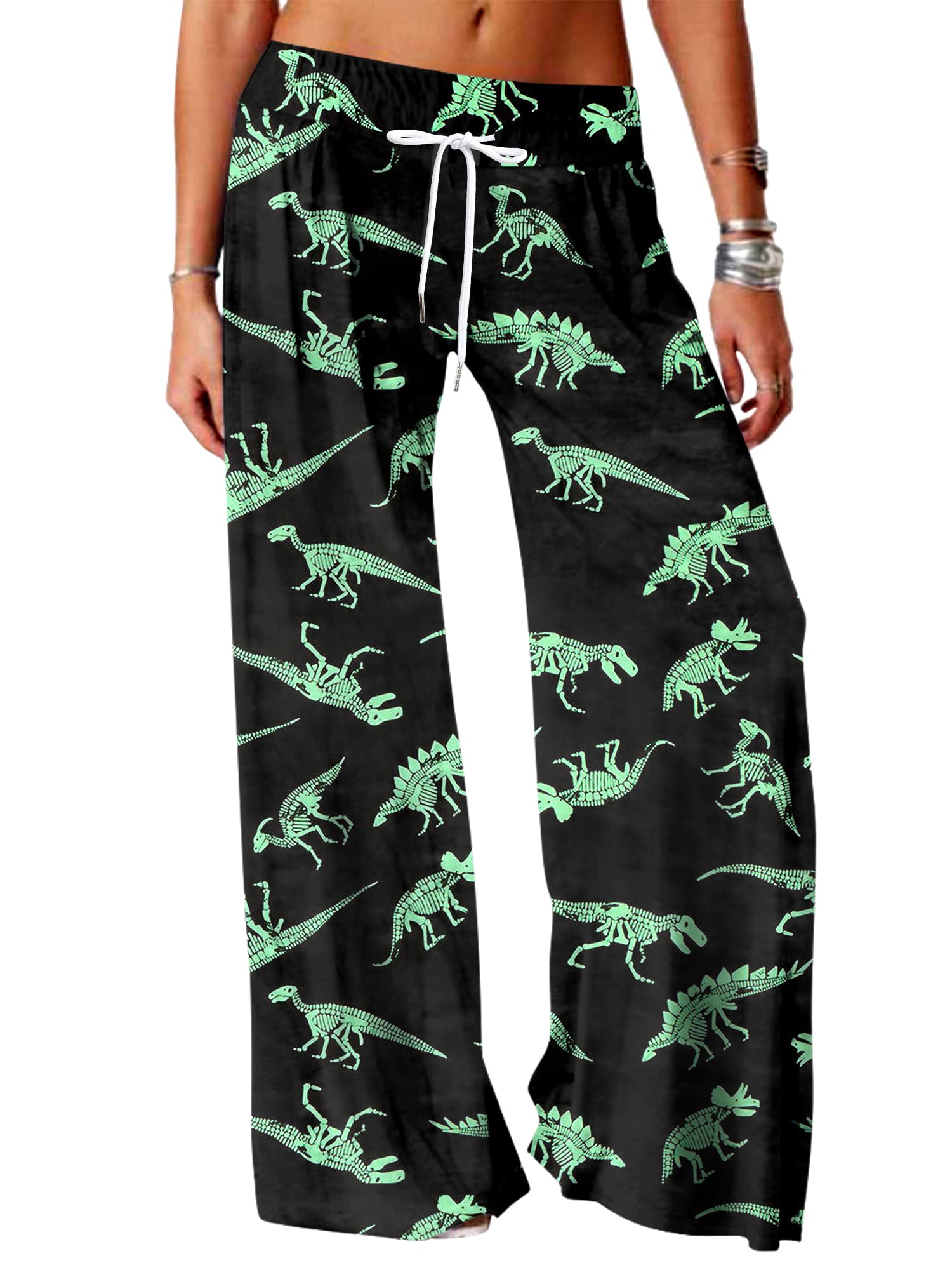 RMCMS Women Cute Dinosaur Print Pajama Pants Wide Leg Lounge Pajama Bottoms with Drawstring