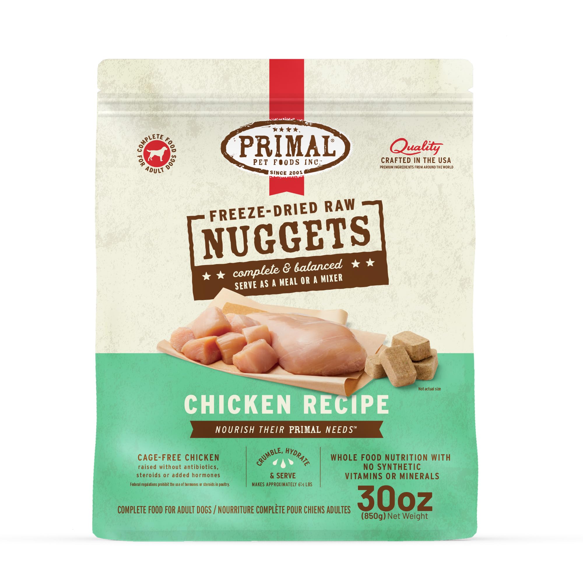 Primal Freeze Dried Dog Food Nuggets, Chicken; Complete Balanced Meal, Topper or Treat; Premium, Healthy, Grain Free, High Protein Raw Dog Food, 30 oz
