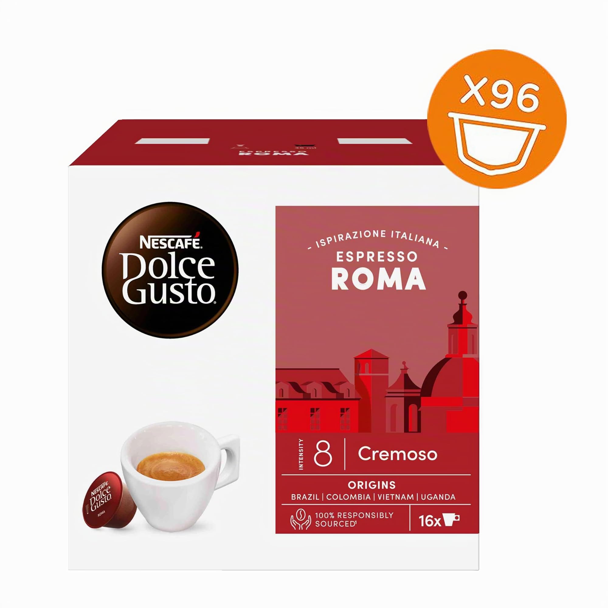 Nescafé Dolce Gusto - Café Espresso Roma, 6 paquetes de 16 cápsulas (96 cápsulas)