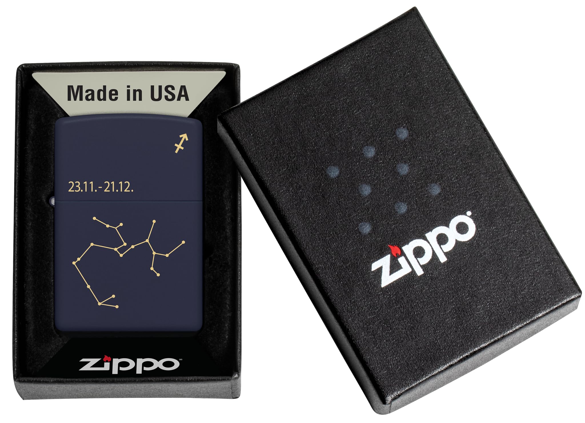 Zippo Zodiac Strzelec Zapalniczka Sztormowa, Grawerowanie Laserowe, Wielokrotnego Użytku, do Napełniania, Wiatroodporna Konstrukcja, Pudełko na Prezent, Wykonano w USA, Kolor Granatowy Matowy