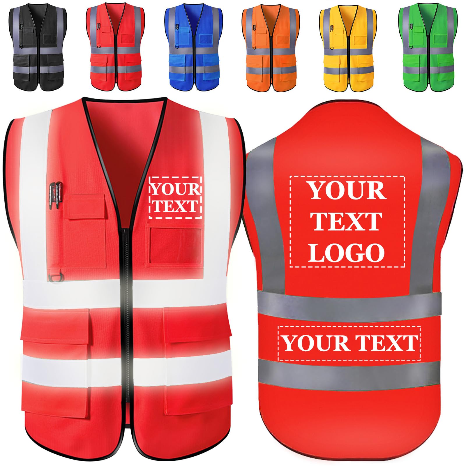 WBgjsnklbnl Personalised Hi Vis Vest Custom Logo/Text/Name Customize Safety High Visibility Vests with Pockets and Zipper Bulk for Women Men Work