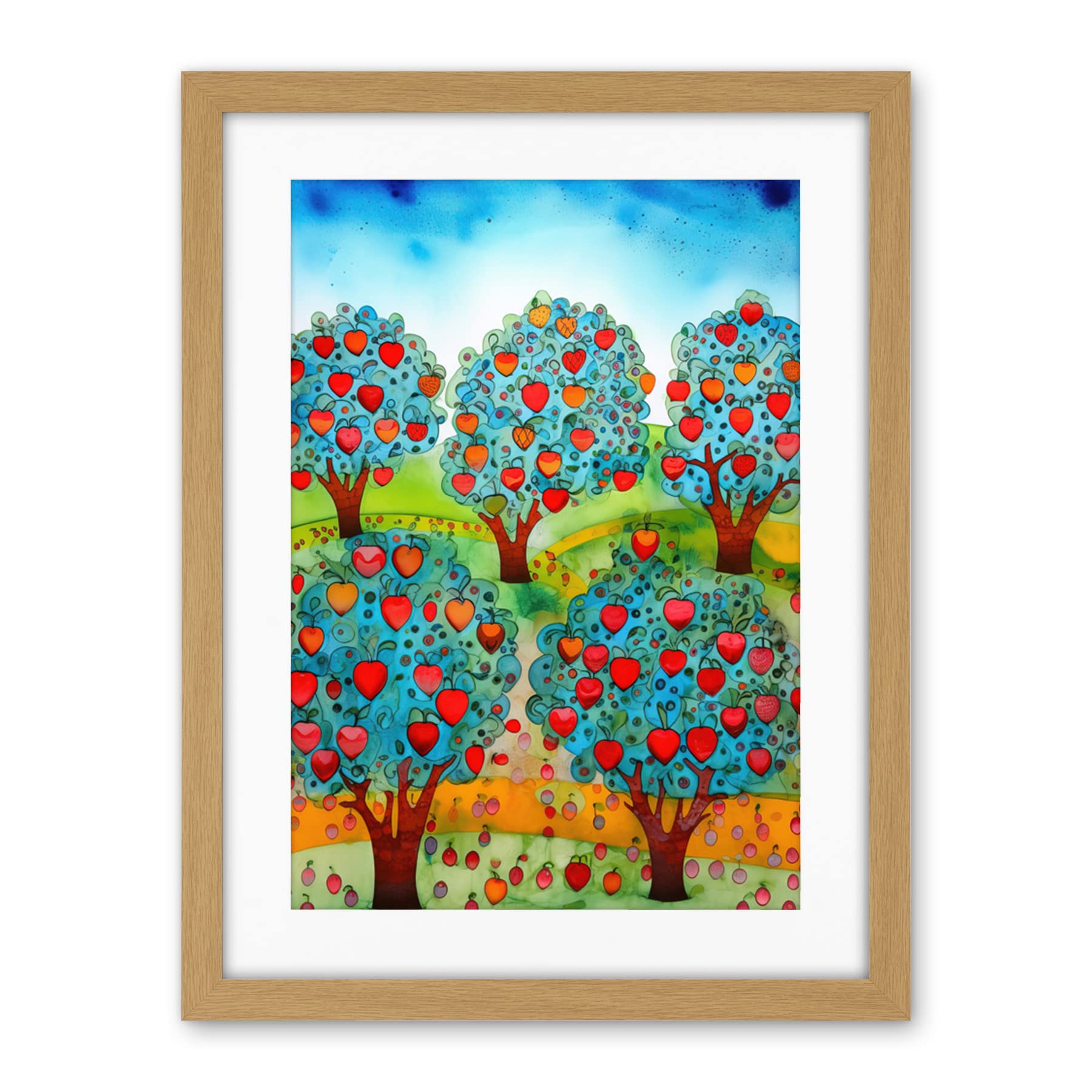 Artery8 Apple Orchard Trees Ready For Harvest Folk Art Landscape Watercolour Painting Artwork Framed Wall Art Print 18X24 Inch