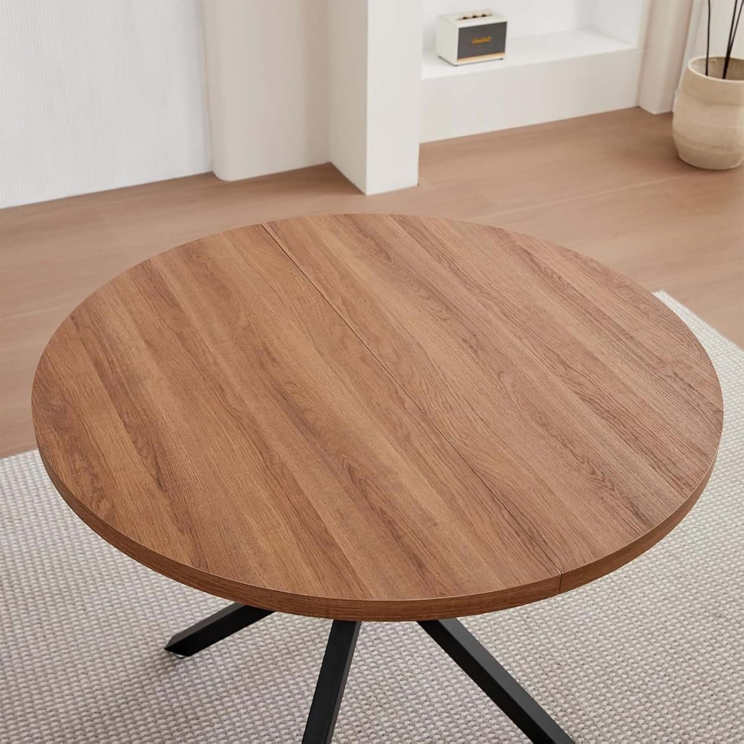 Set Sala da Pranzo, Tavolo da Pranzo Rotondo da 100 cm con 4 Sedie da Pranzo in Tessuto di Lino， Ideale per Cucina, Soggiorno, Sala da Pranzo (Legno Scuro+LX-Nero)