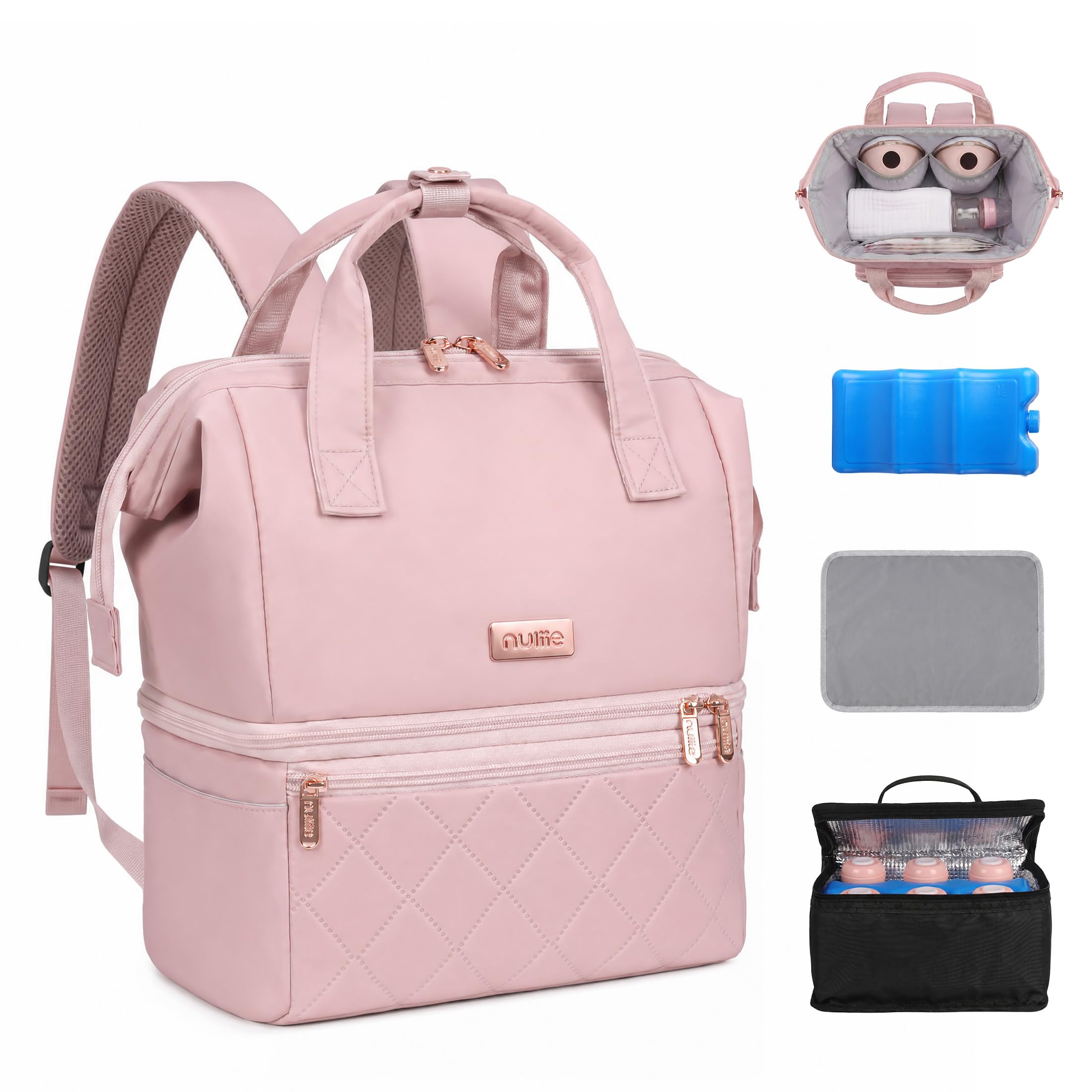 Nuliie Wearable Breast Pump Bag with Cooler Compartment, Double Layer Pumping Bag with Ice Pack, Breast Milk Cooler Travel Bag with Waterproof Mat, Fits 6 Baby Bottles up to 10 oz, Rose