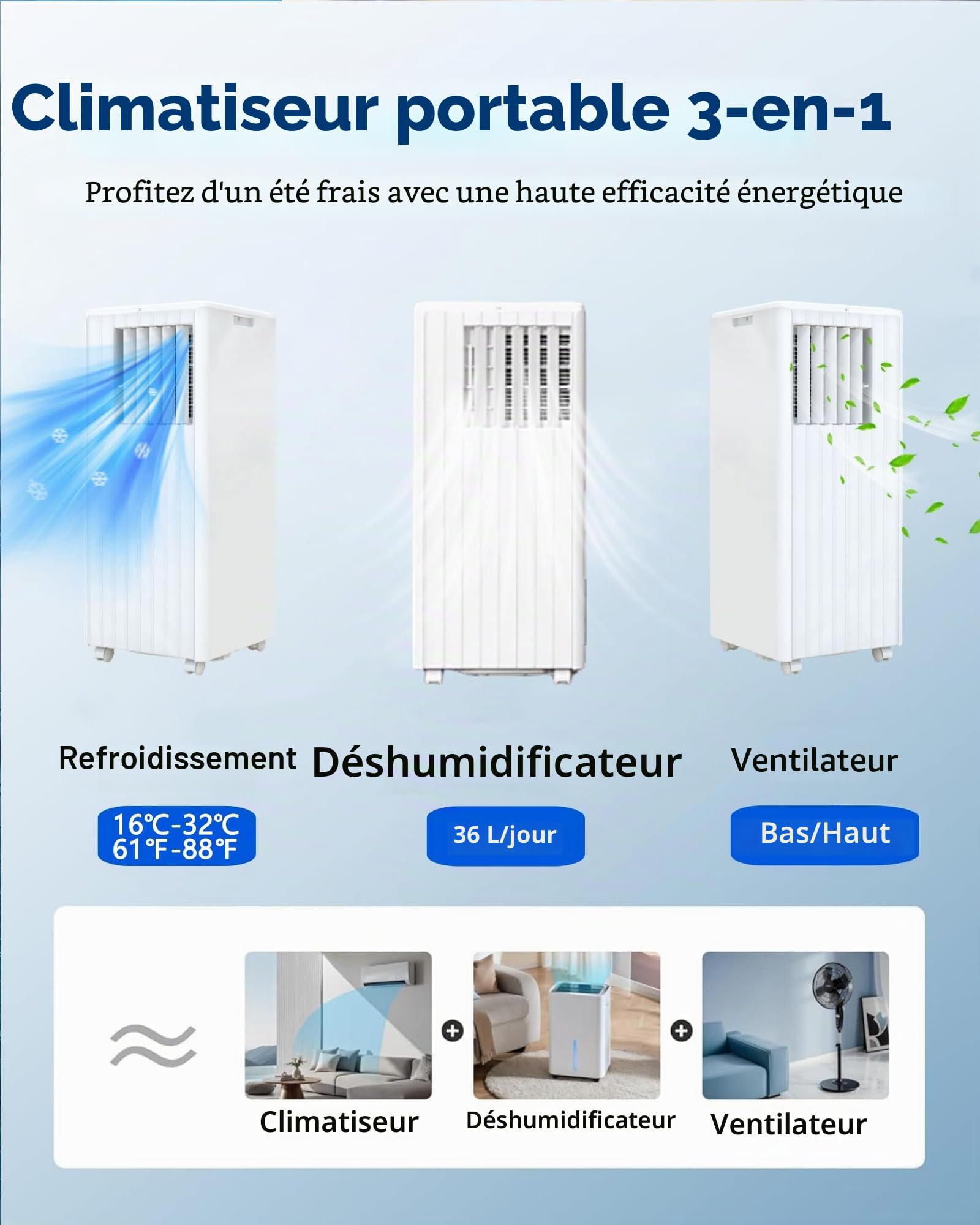 Garvee Climatiseur mobile 7000 BTU, 3 en 1, refroidissement, déshumidification, mode veille, 2,0 kW avec tuyau d'échappement, télécommande, temps de 24 h, pour pièces jusqu'à 18-25 m²