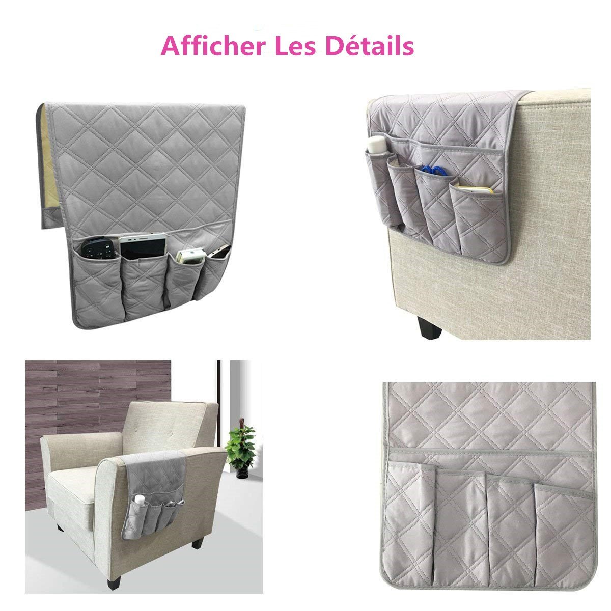 Organisateur Accoudoir Canapé Avec Poches - Rangement Télécommande, Téléphone, IPad - Gris Ou Café, 90x34 Cm