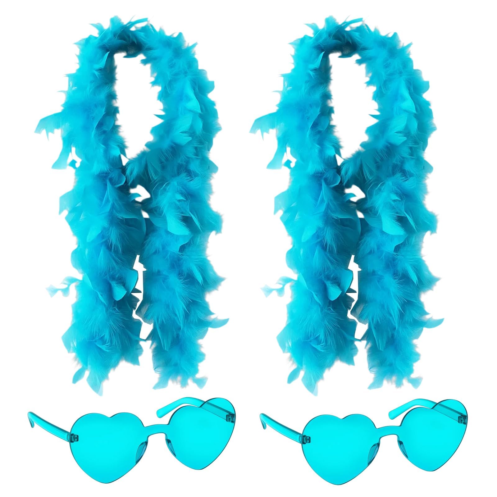 KFSCIP 2 Pcs Feather Boas with Heart Rimless Sunglasses, 2m Blue Feather Boa, Feather Boas Multipack Delicate Feather Scarf for Women Girls Dancing Party Props Wedding Bachelor Halloween (Lake Blue)