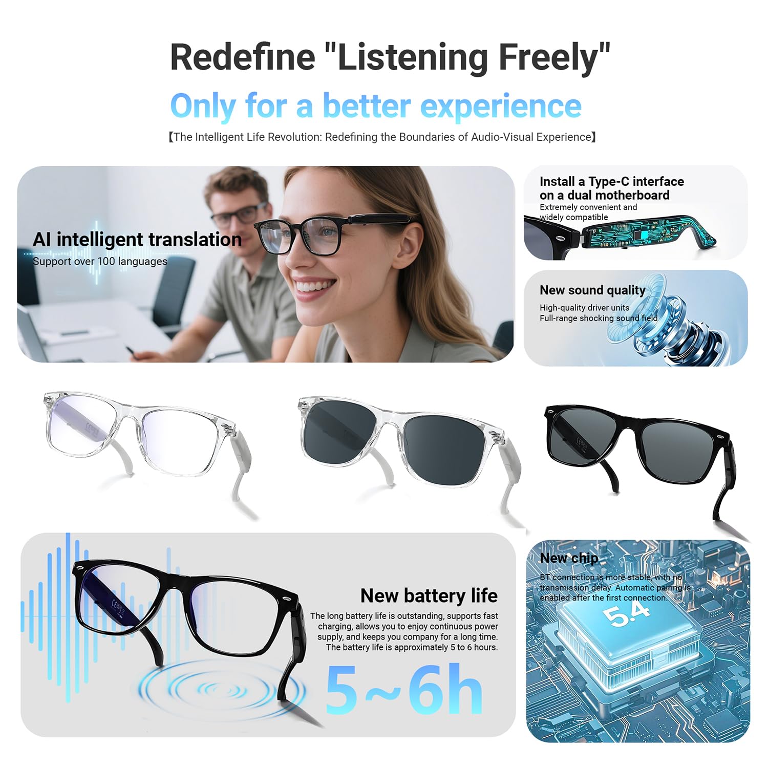 LONGLU Lunettes intelligentes – Traduction IA en temps réel via application, appels Bluetooth 5.4/musique, contrôle tactile léger, lumière bleue et protection UV (monture noire – lentille grise)
