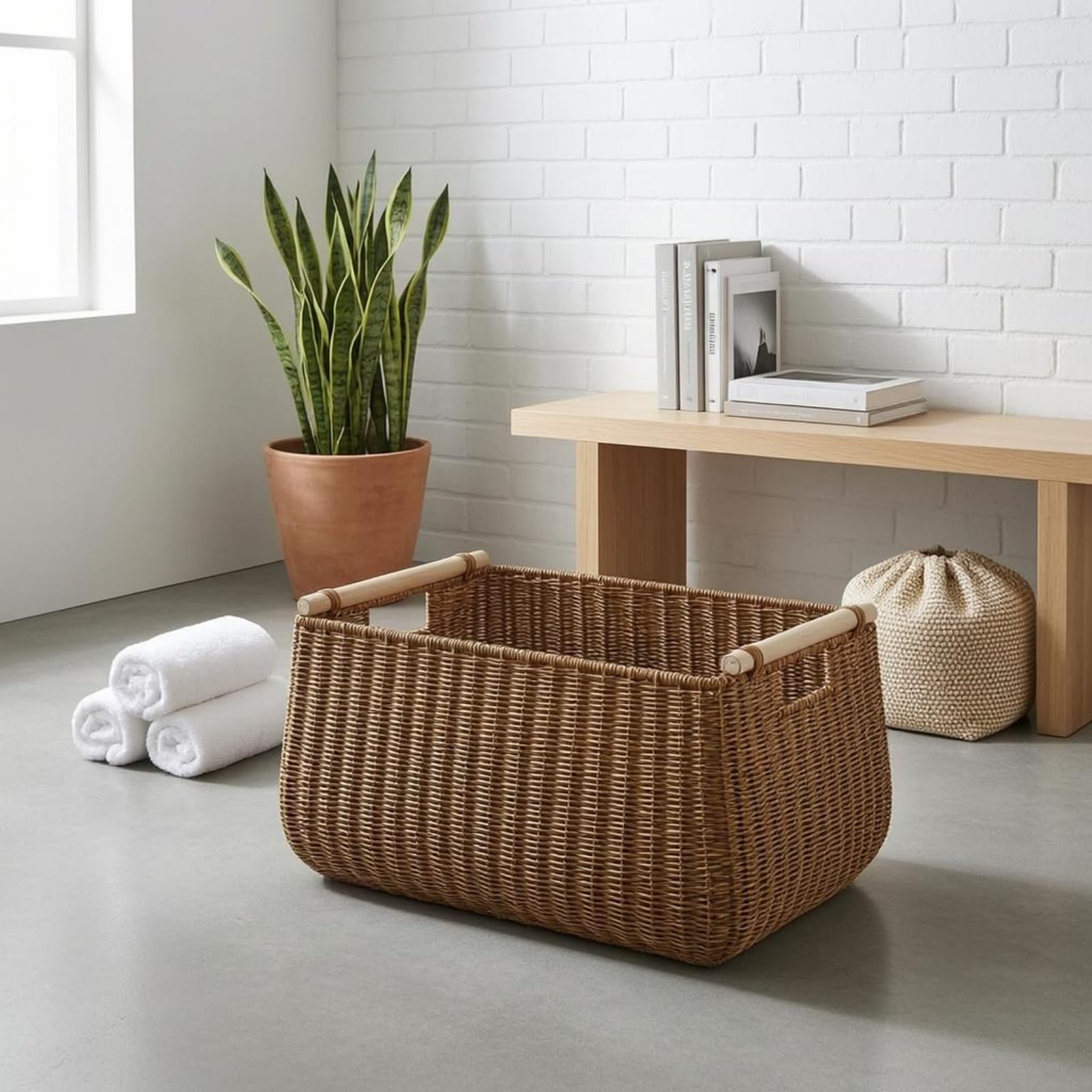 Cesto Rettangolare Aperto Intrecciato Cesto Portaoggetti Rettangolare Plastica Cesta in Finto Rattan, Marrone Scuro, 50 35/46 30 27cm