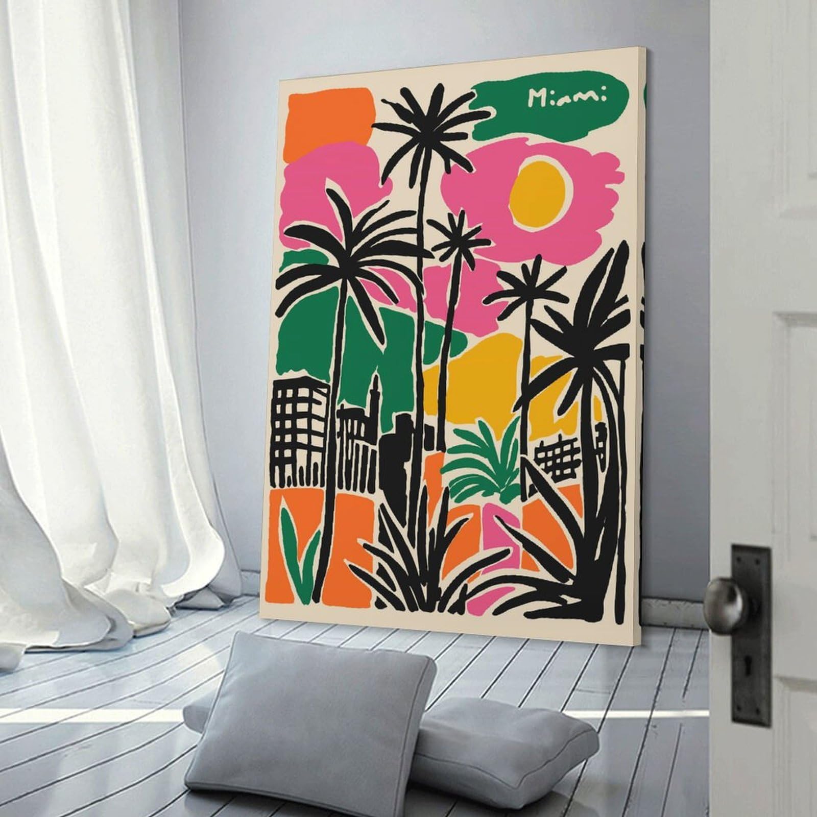Junmoney Room Decor Wall Art Miami Palm Trees Colorful Art, 24x36inch(60x90cm), for Wall Displays, Bedrooms Or Room Updates, A Versatile Canvas Print for Layering