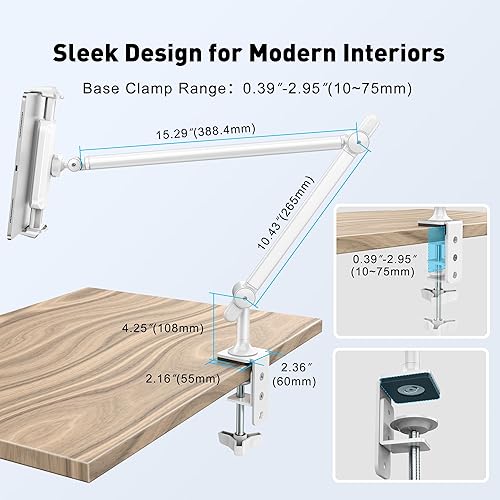 Miniatura 6 de AboveTEK Soporte para tablet para escritorio y cama, brazo de aluminio para iPad con abrazadera giratoria de 360, soporte ajustable para teléfono