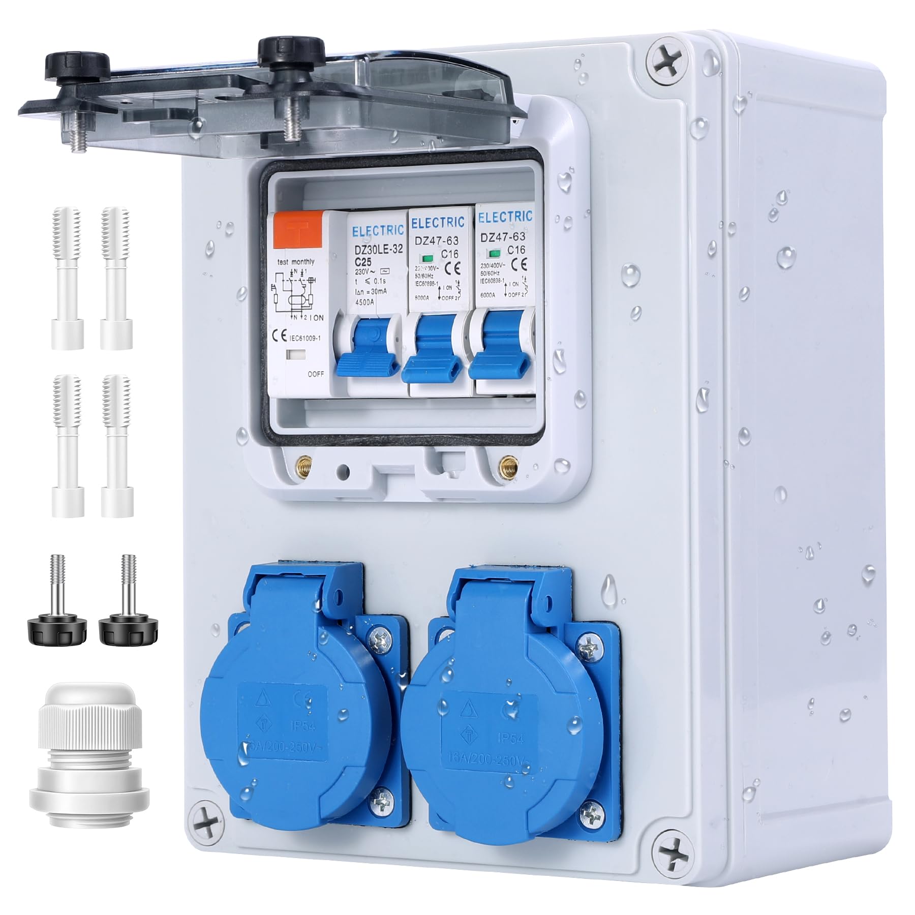 VAYALT Distribuidor de pared precableado, distribuidor de corriente para obras con interruptor FI, 25 A+LS, interruptor de protección 16 A, 2 enchufes Schuko de 230 V, carcasa resistente al agua IP67