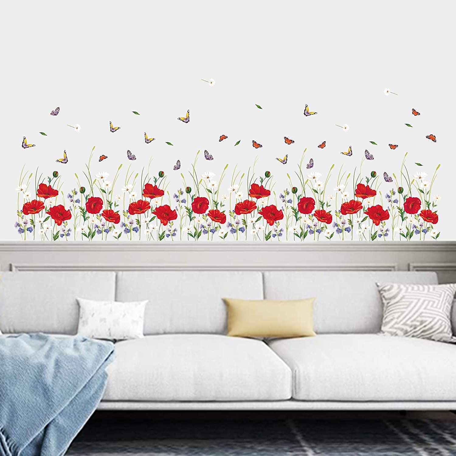 Adesivi Murali Papaveri Rossi Con Farfalle - Decorazione Pareti Per Camera Letto, Soggiorno E Cameretta Bambini - Foto 2