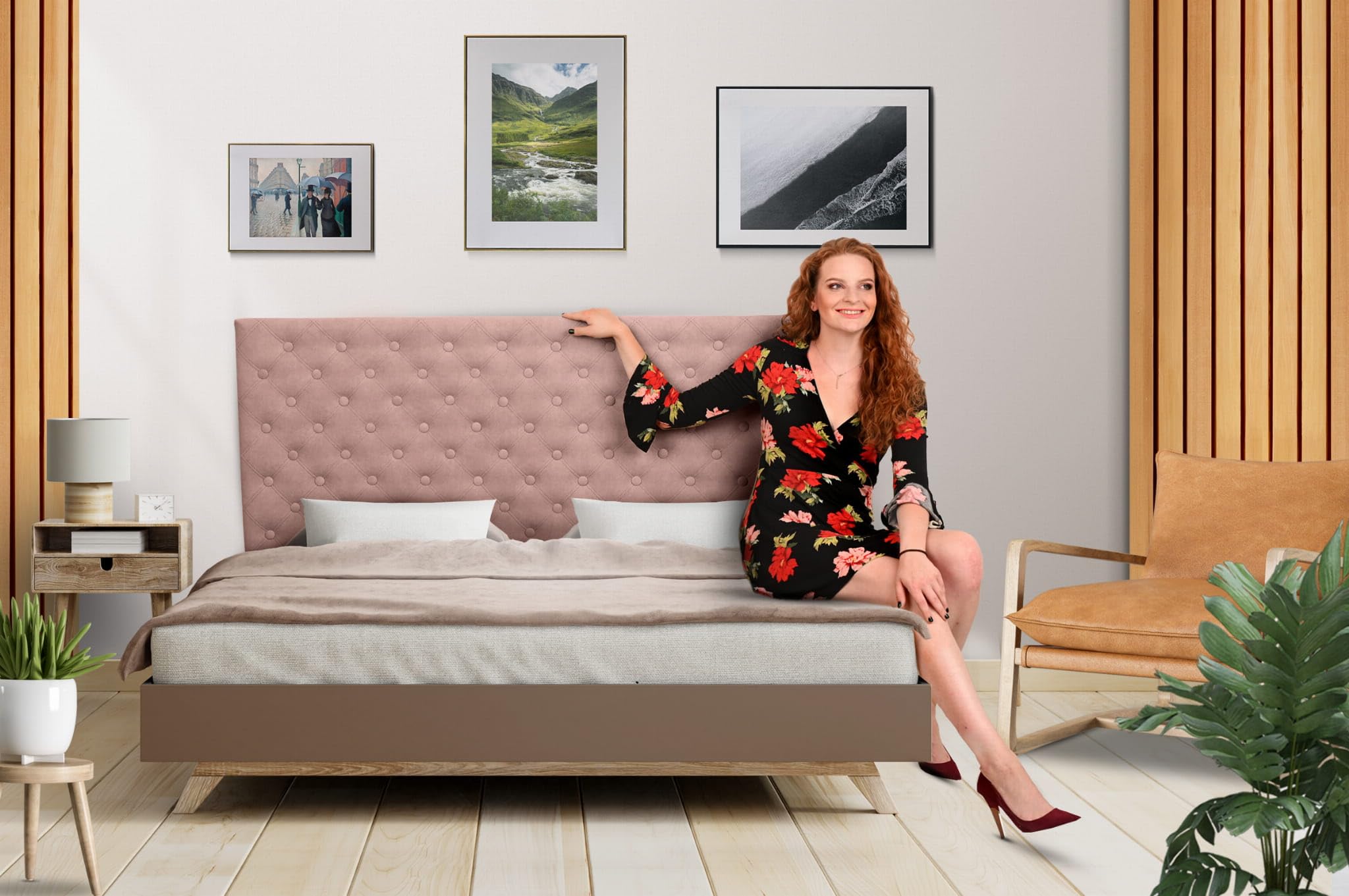 MG Design Tête de lit pour lit 160 x 60 cm rembourrée Rose avec Pieds en Bois – Appui-tête Facile à Monter, en Tissu Velours Doux, avec Rembourrage élastique, avec piqûres décoratives