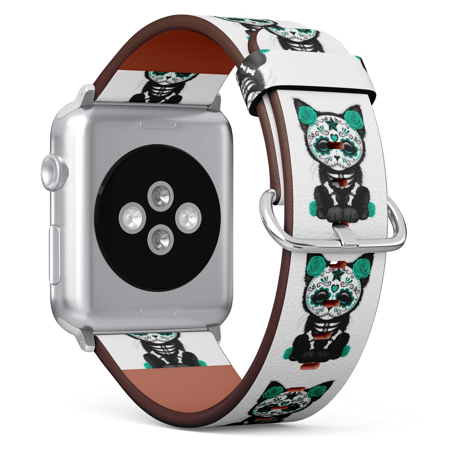 ( Kitty Cat sugar skull )Patterned Leather Wristband Strap Compatible with Apple Watch Series 6/5/4/3/2/1 ,Replacement for iWatch 38mm / 40mm bands