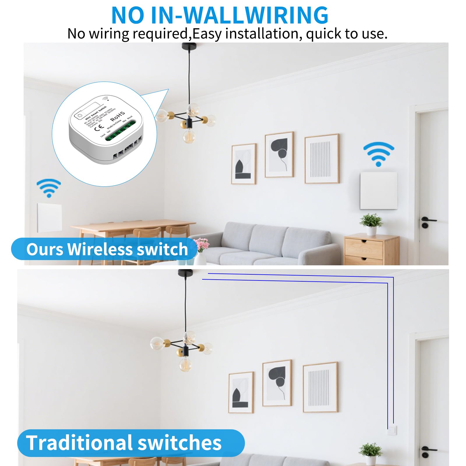 Interruptor de luz inalámbrico 230 V con receptor sin batería, juego de interruptor inteligente inalámbrico AC 100-240 V, interruptor de luz inalámbrico 10 A RF433, interruptor inalámbrico para